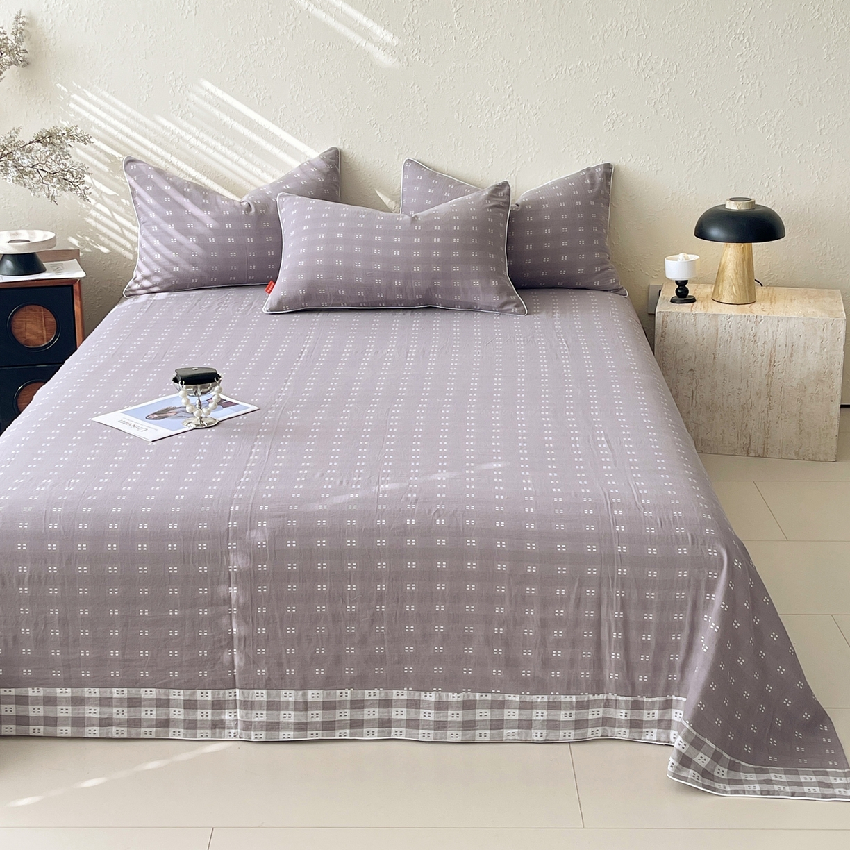 91家纺网 家纺一手货源 找家纺 春皖家纺 2026春夏新款（正反两用）A类提花双层纱单床单 思柔-烟灰