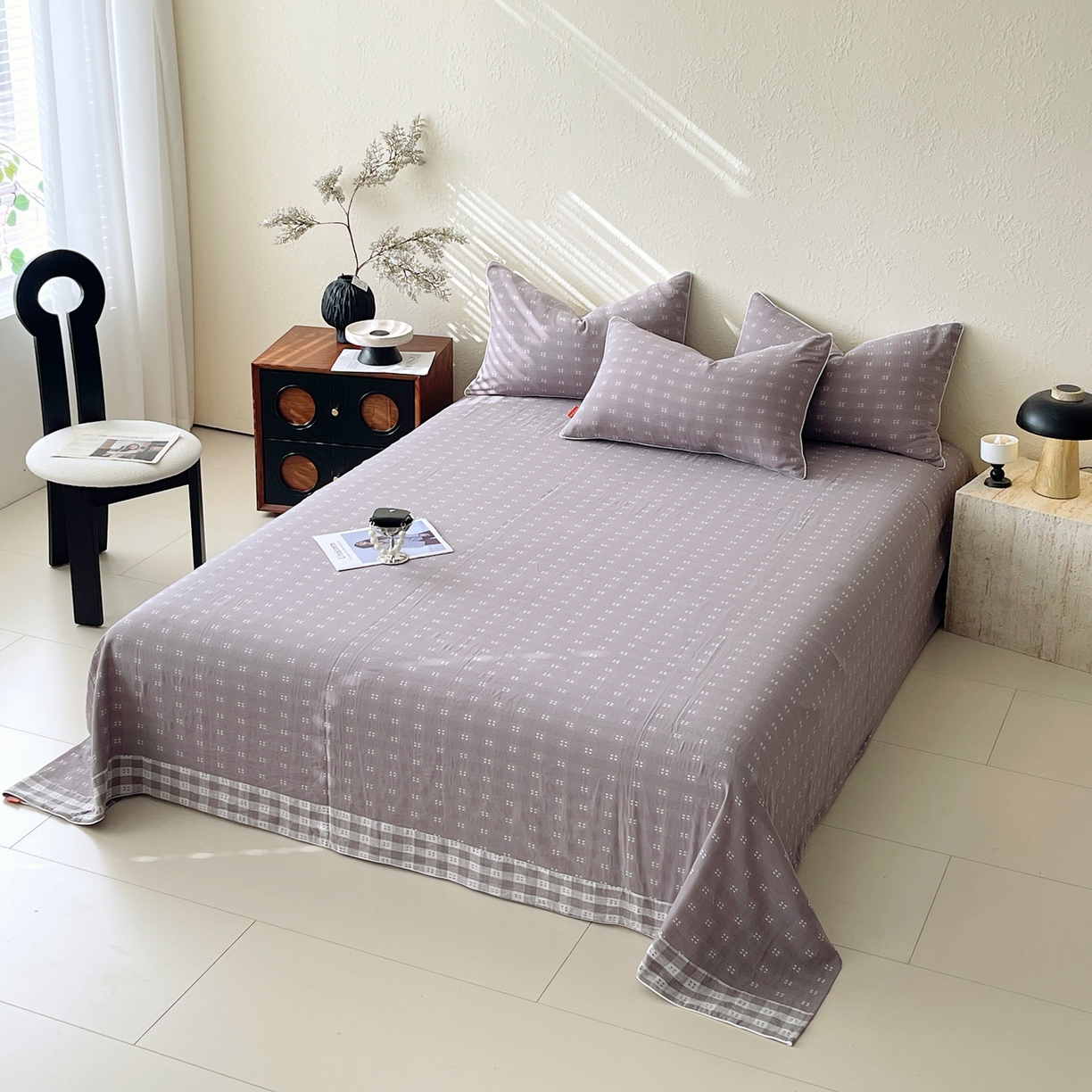 91家纺网 家纺一手货源 找家纺 春皖家纺 2026春夏新款（正反两用）A类提花双层纱单床单 思柔-烟灰