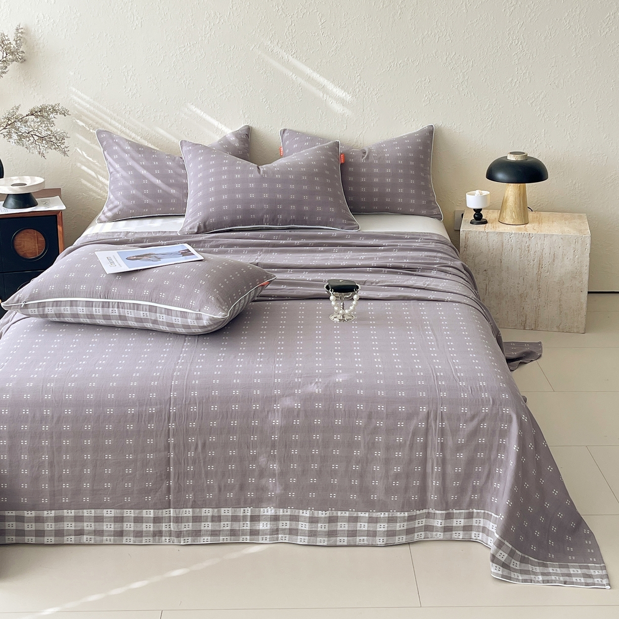 91家纺网 家纺一手货源 找家纺 春皖家纺 2026春夏新款（正反两用）A类提花双层纱单床单 思柔-烟灰