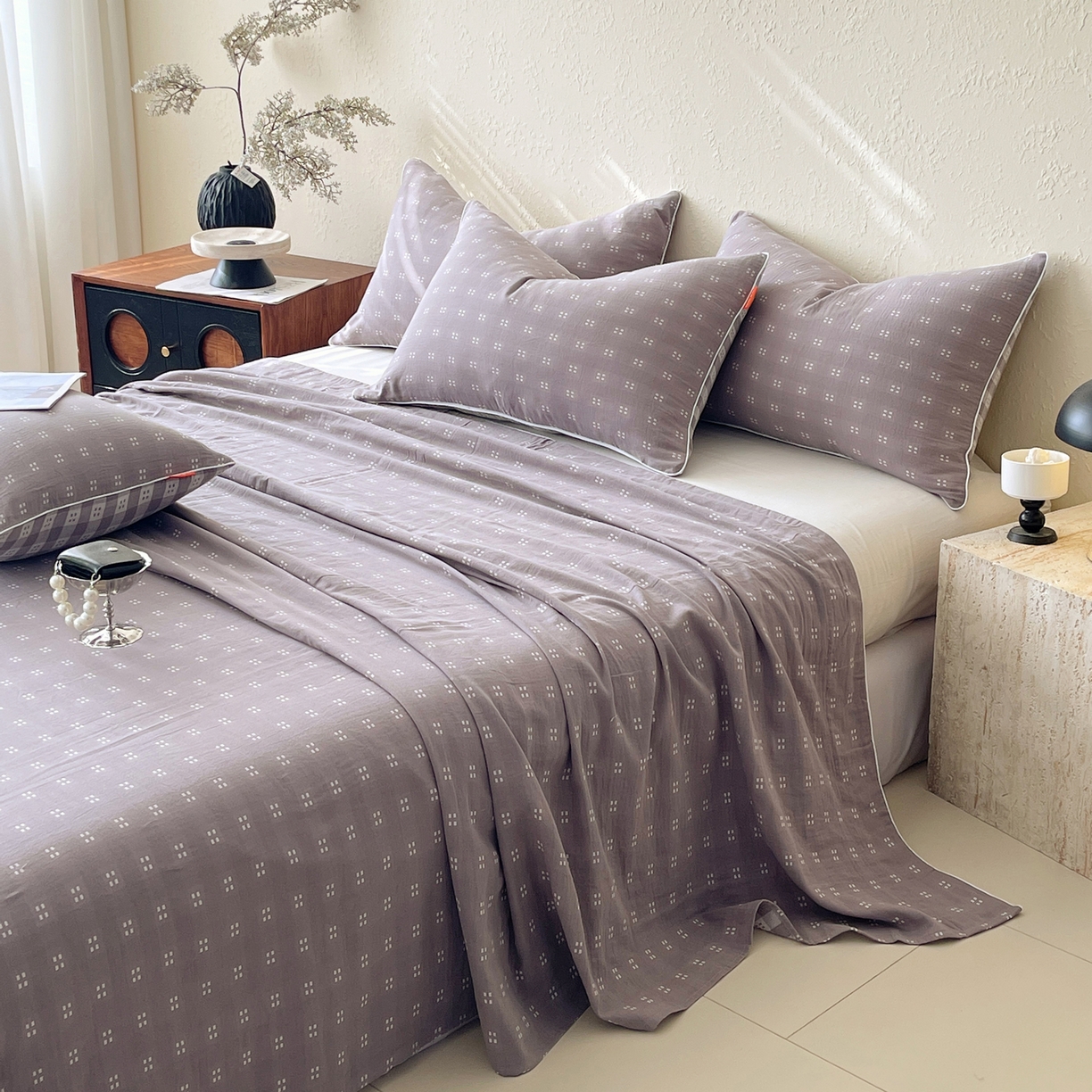 91家纺网 家纺一手货源 找家纺 春皖家纺 2026春夏新款（正反两用）A类提花双层纱单床单 思柔-烟灰