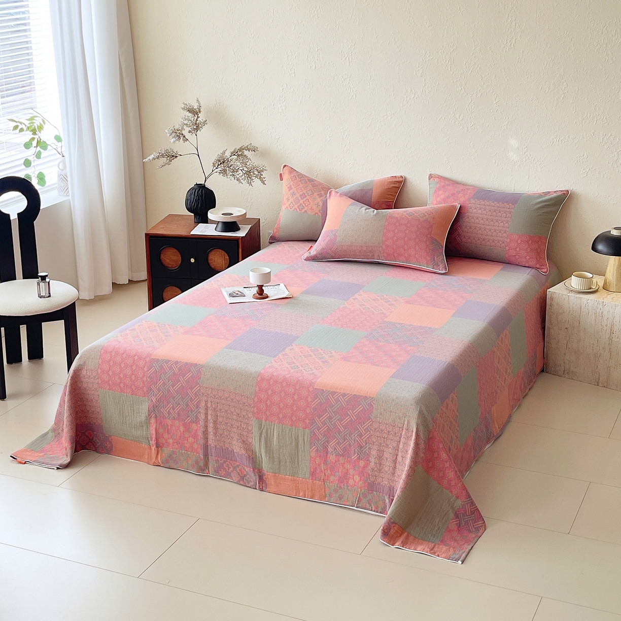 91家纺网 家纺一手货源 找家纺 春皖家纺 2026春夏新款（正反两用）A类提花双层纱单床单 思菱-粉玉