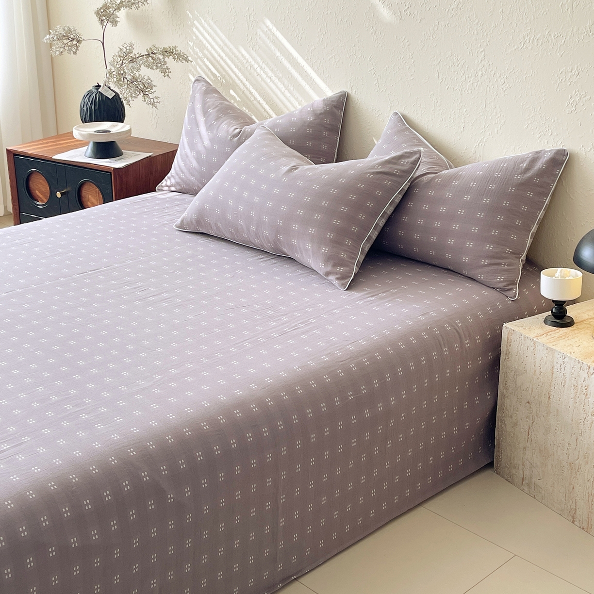 91家纺网 家纺一手货源 找家纺 春皖家纺 2026春夏新款（正反两用）A类提花双层纱单床单 思柔-烟灰