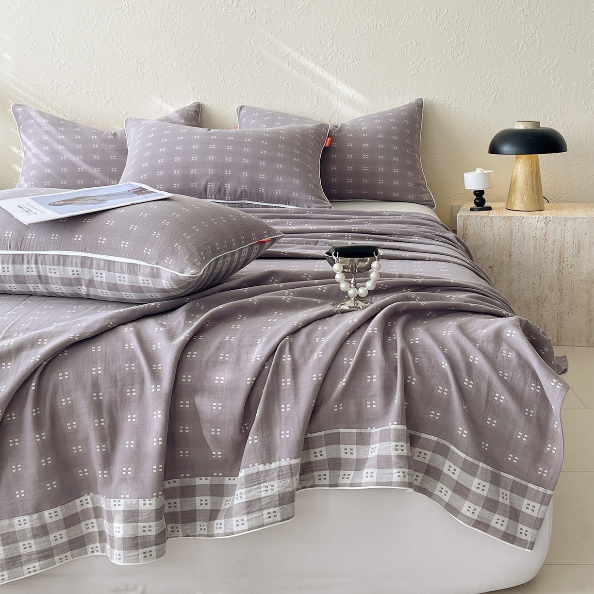 91家纺网 家纺一手货源 找家纺 春皖家纺 2026春夏新款（正反两用）A类提花双层纱单床单 思柔-烟灰