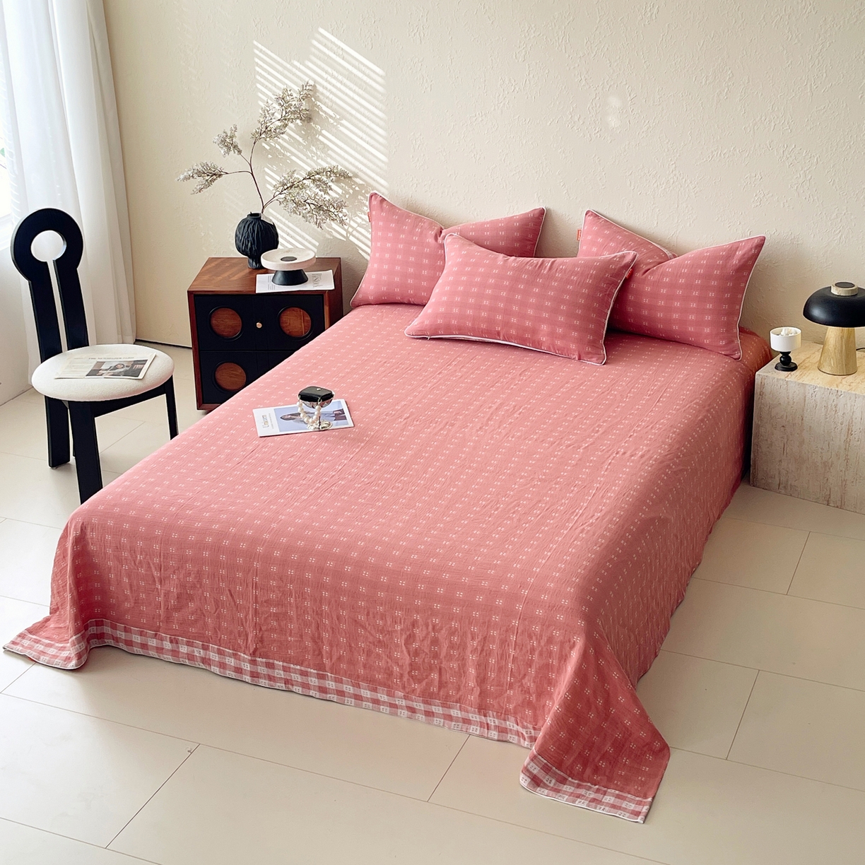 91家纺网 家纺一手货源 找家纺 春皖家纺 2026春夏新款（正反两用）A类提花双层纱单床单 思柔-粉红