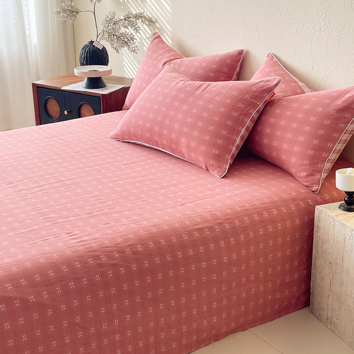 91家纺网 家纺一手货源 找家纺 春皖家纺 2026春夏新款（正反两用）A类提花双层纱单床单 思柔-粉红