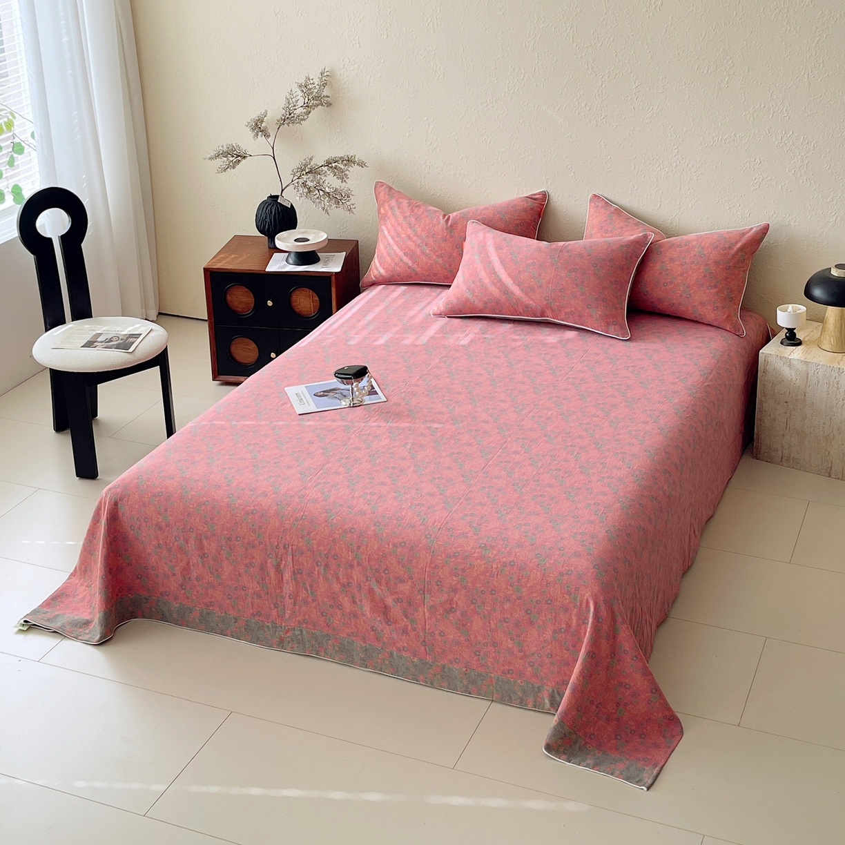 91家纺网 家纺一手货源 找家纺 春皖家纺 2026春夏新款（正反两用）A类提花双层纱单床单 惜梦-绿粉