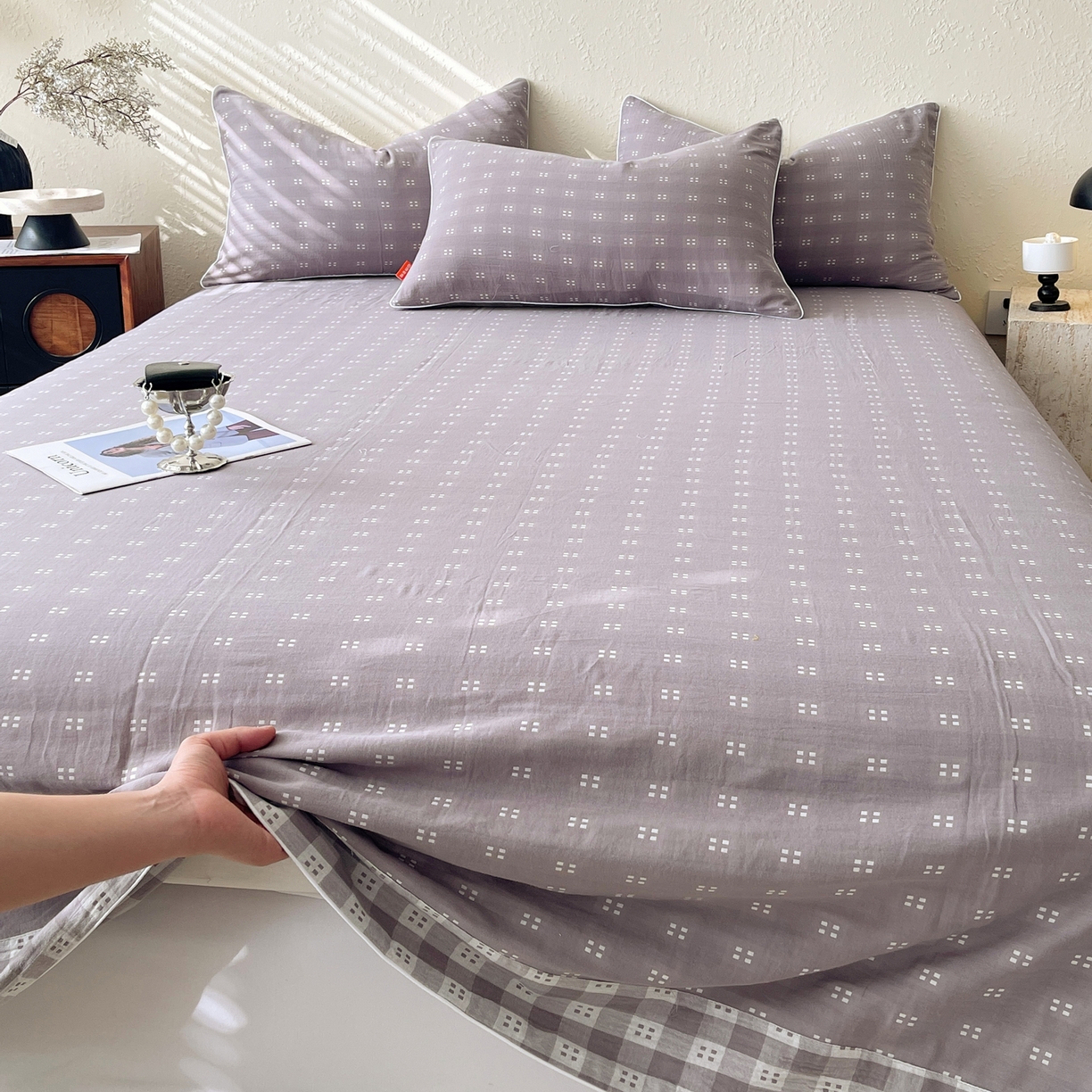 91家纺网 家纺一手货源 找家纺 春皖家纺 2026春夏新款（正反两用）A类提花双层纱单床单 思柔-烟灰