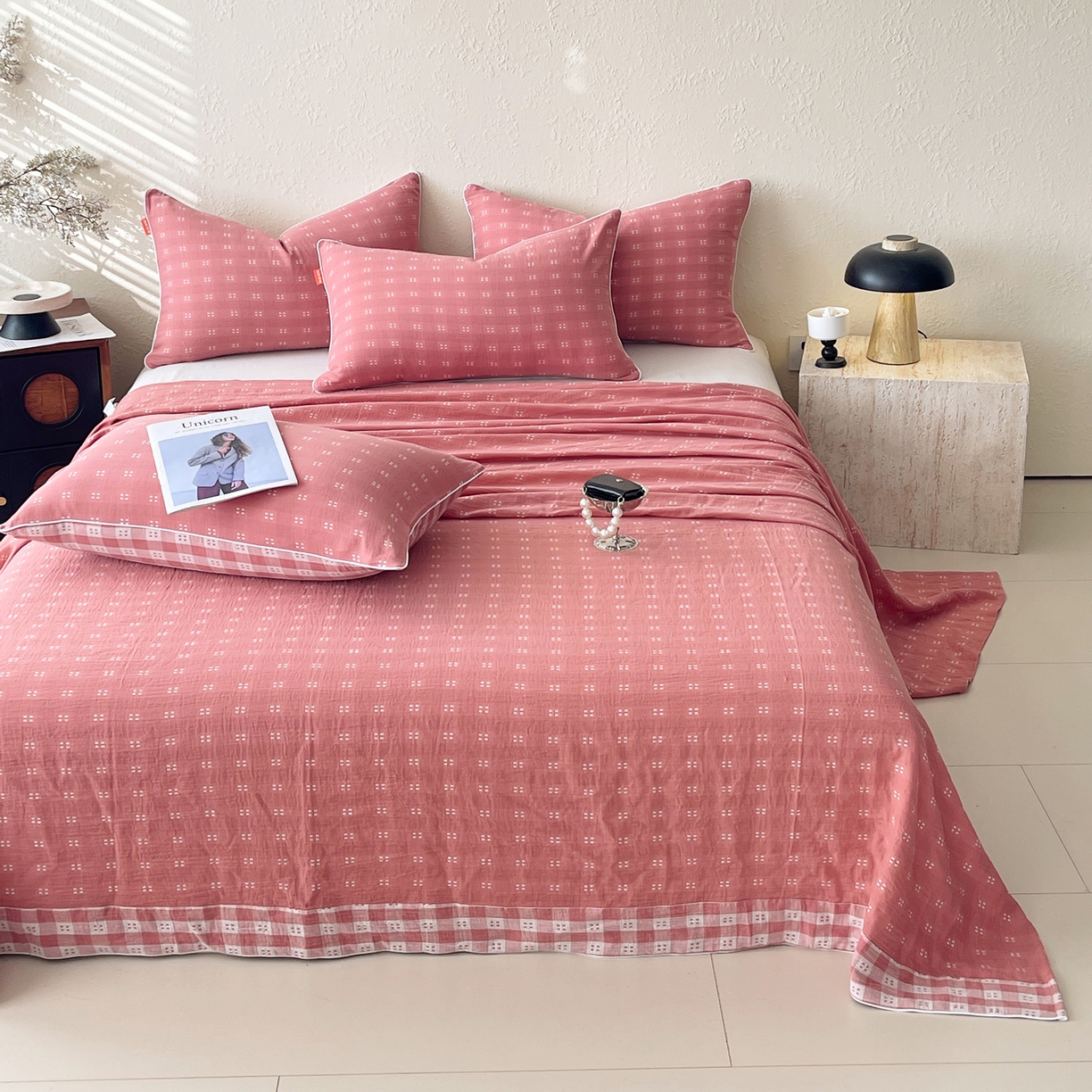 91家纺网 家纺一手货源 找家纺 春皖家纺 2026春夏新款（正反两用）A类提花双层纱单床单 思柔-粉红