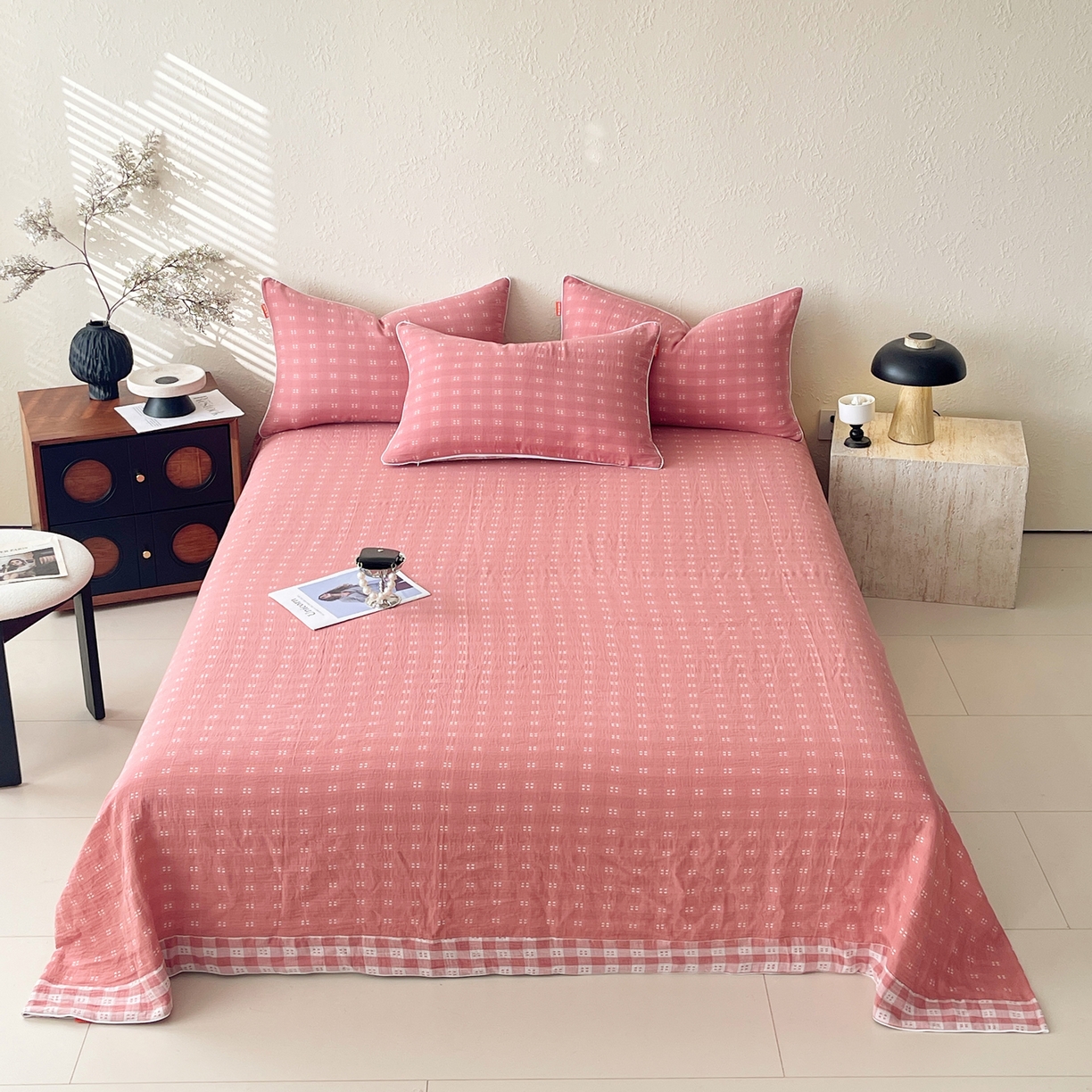 春皖家纺 2026春夏新款（正反两用）A类提花双层纱单床单 思柔-粉红