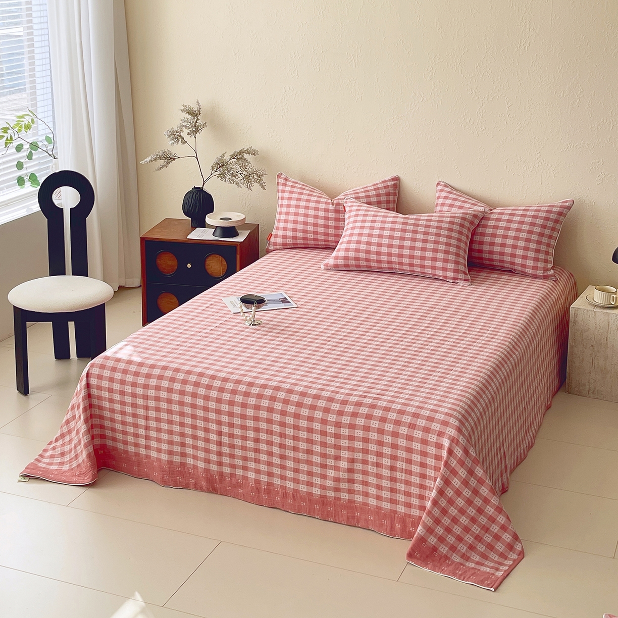 91家纺网 家纺一手货源 找家纺 春皖家纺 2026春夏新款（正反两用）A类提花双层纱单床单 思柔-粉红