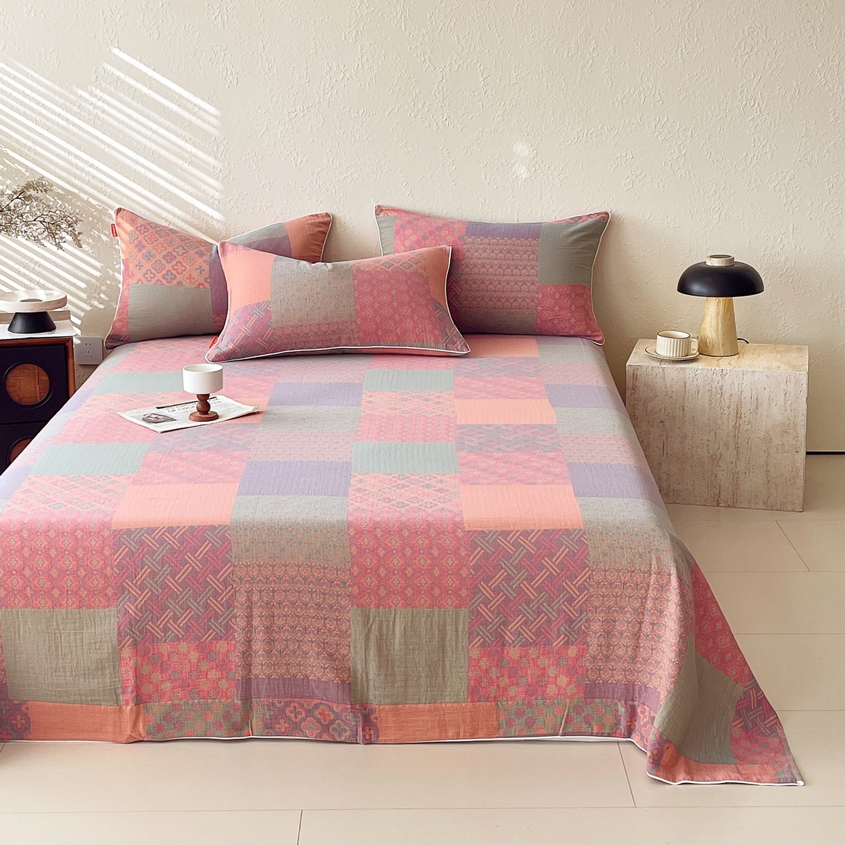 91家纺网 家纺一手货源 找家纺 春皖家纺 2026春夏新款（正反两用）A类提花双层纱单床单 思菱-粉玉