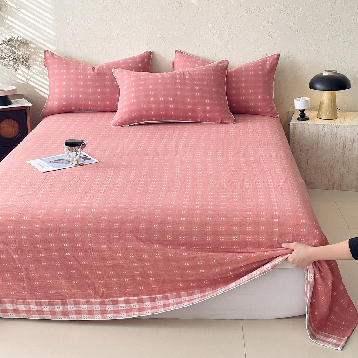 91家纺网 家纺一手货源 找家纺 春皖家纺 2026春夏新款（正反两用）A类提花双层纱单床单 思柔-粉红