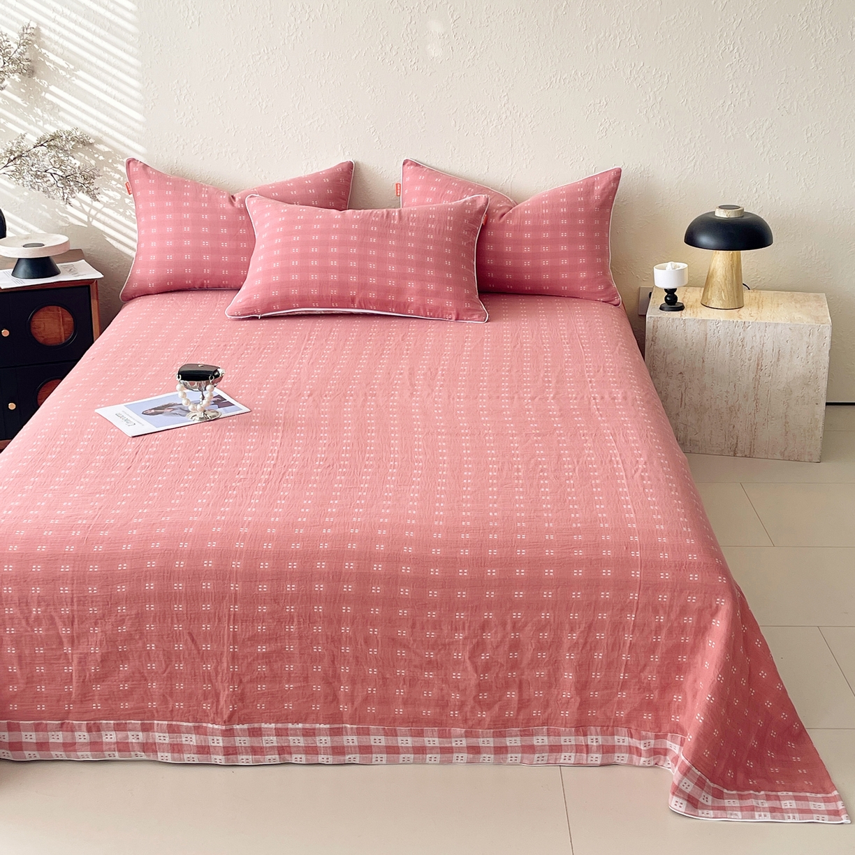 91家纺网 家纺一手货源 找家纺 春皖家纺 2026春夏新款（正反两用）A类提花双层纱单床单 思柔-粉红