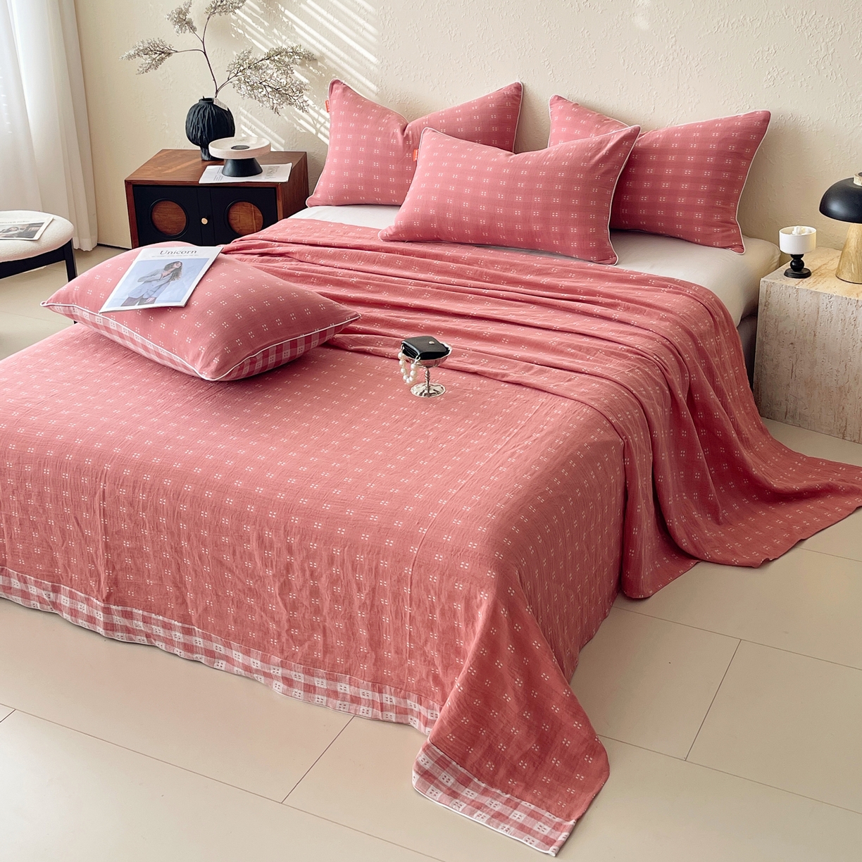 91家纺网 家纺一手货源 找家纺 春皖家纺 2026春夏新款（正反两用）A类提花双层纱单床单 思柔-粉红