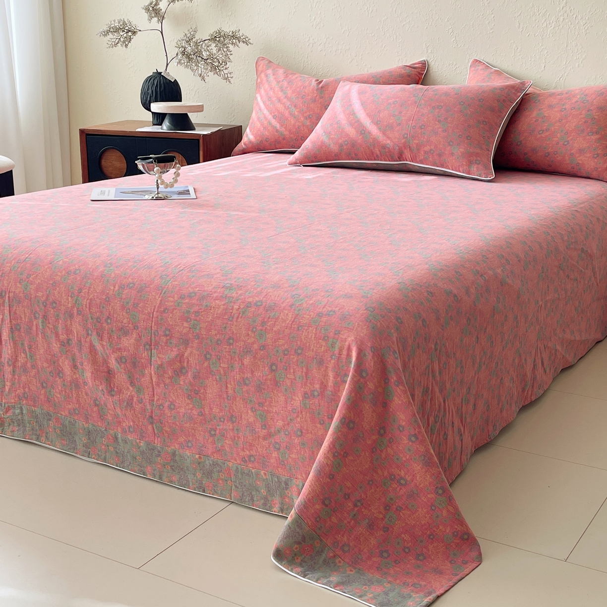 91家纺网 家纺一手货源 找家纺 春皖家纺 2026春夏新款（正反两用）A类提花双层纱单床单 惜梦-绿粉