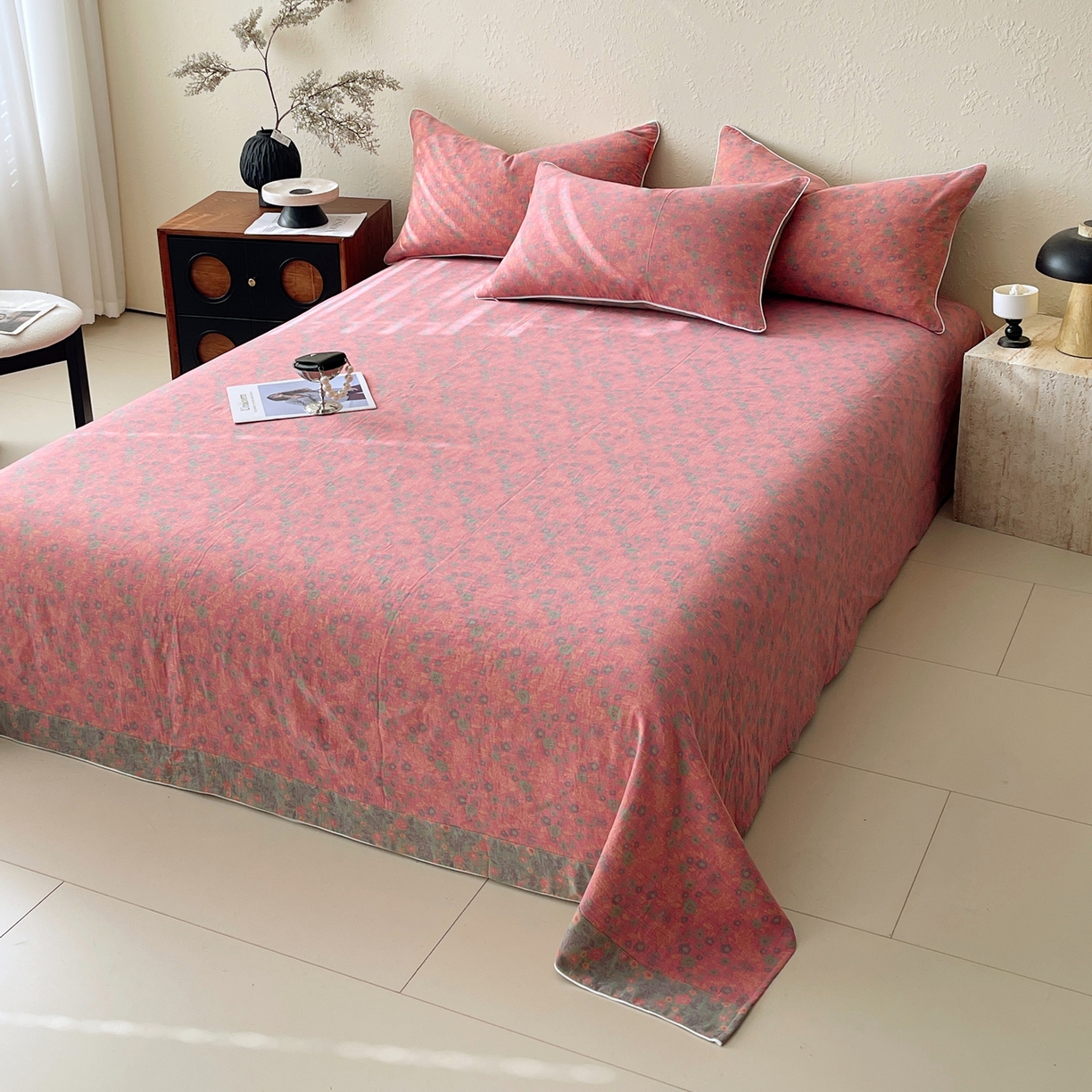 91家纺网 家纺一手货源 找家纺 春皖家纺 2026春夏新款（正反两用）A类提花双层纱单床单 惜梦-绿粉