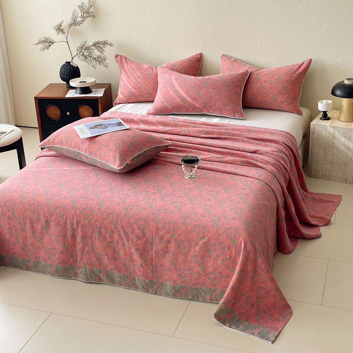 91家纺网 家纺一手货源 找家纺 春皖家纺 2026春夏新款（正反两用）A类提花双层纱单床单 惜梦-绿粉