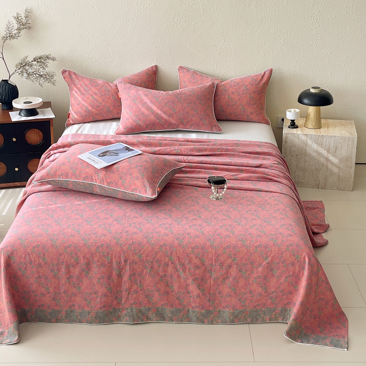 91家纺网 家纺一手货源 找家纺 春皖家纺 2026春夏新款（正反两用）A类提花双层纱单床单 惜梦-绿粉