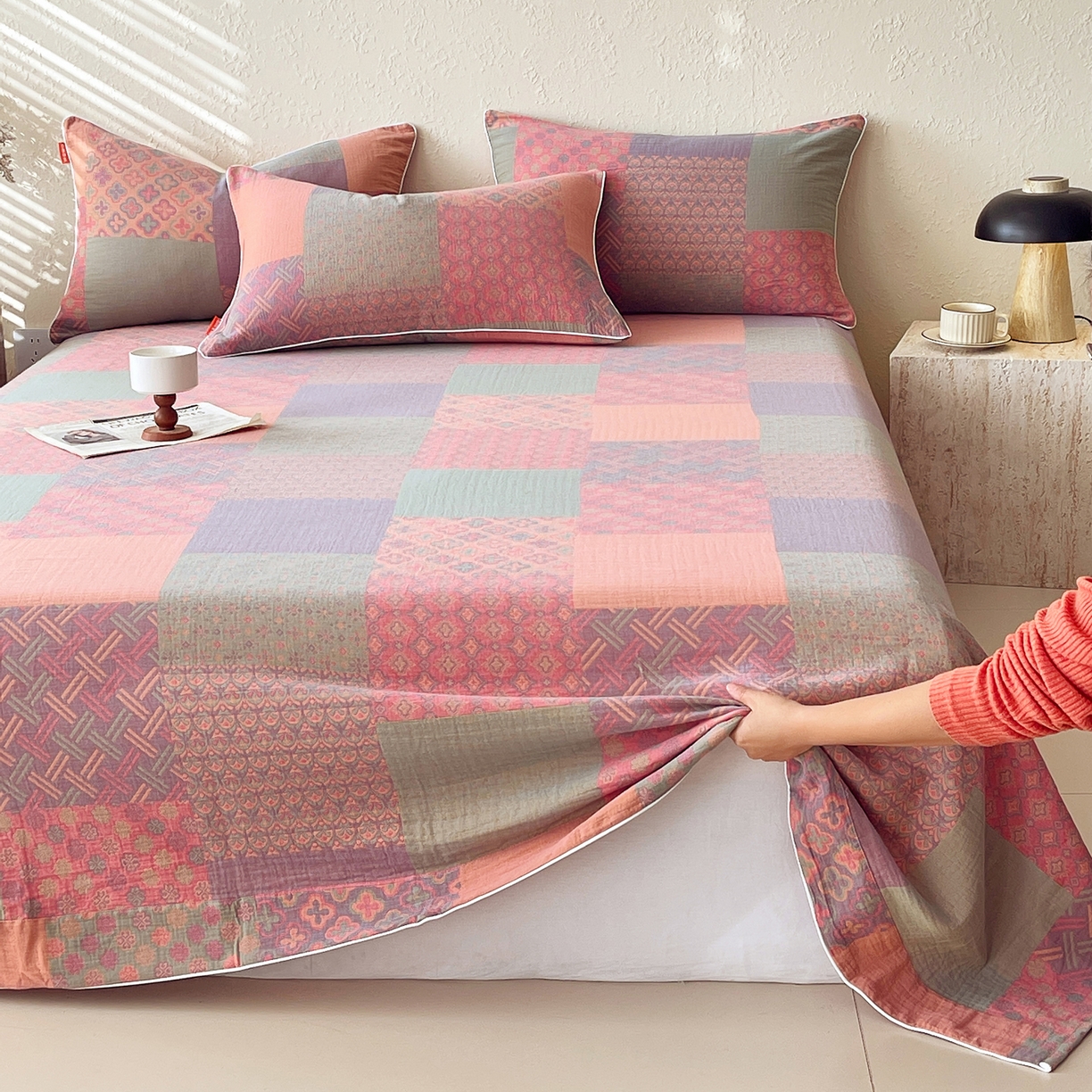 91家纺网 家纺一手货源 找家纺 春皖家纺 2026春夏新款（正反两用）A类提花双层纱单床单 思菱-粉玉