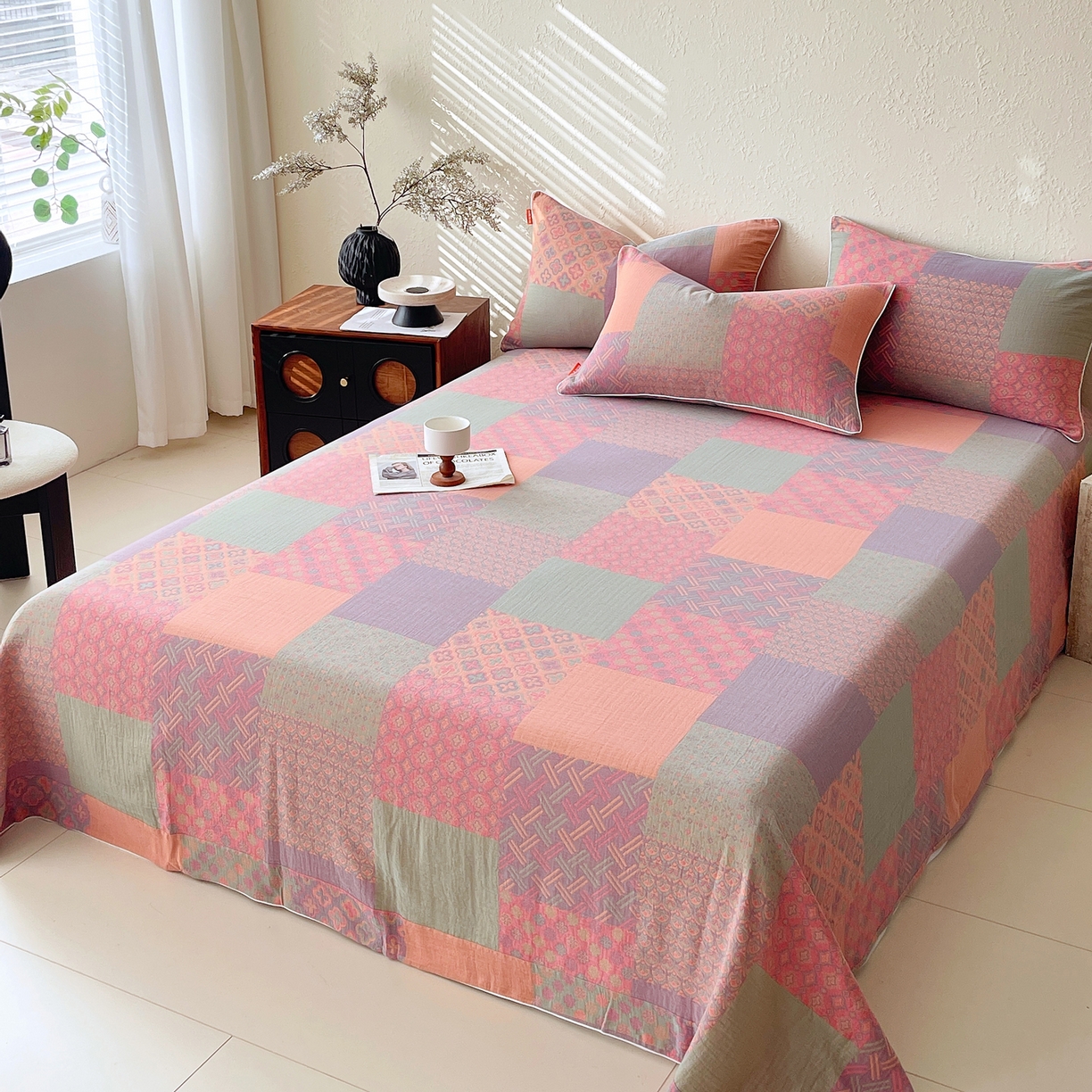 91家纺网 家纺一手货源 找家纺 春皖家纺 2026春夏新款（正反两用）A类提花双层纱单床单 思菱-粉玉