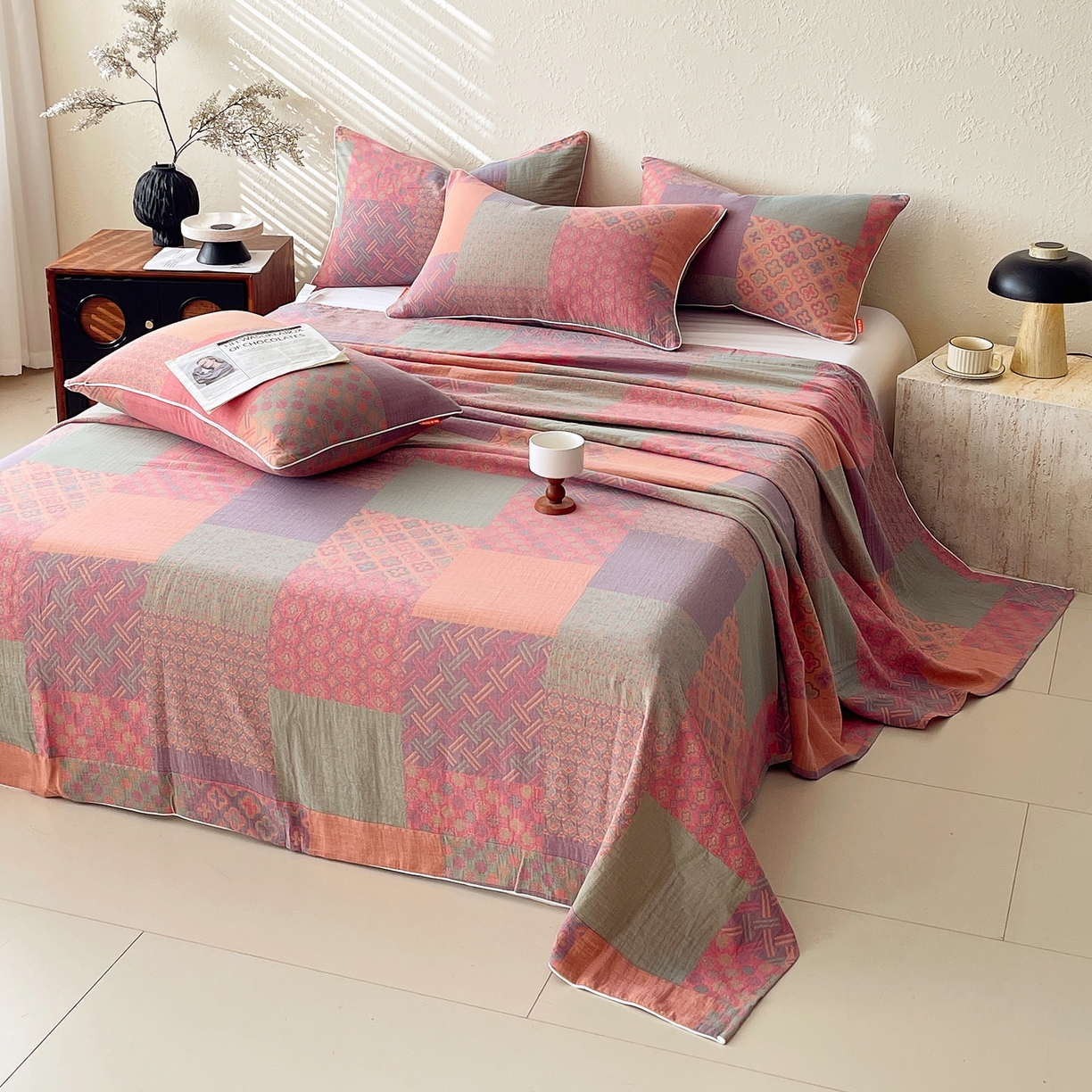 91家纺网 家纺一手货源 找家纺 春皖家纺 2026春夏新款（正反两用）A类提花双层纱单床单 思菱-粉玉