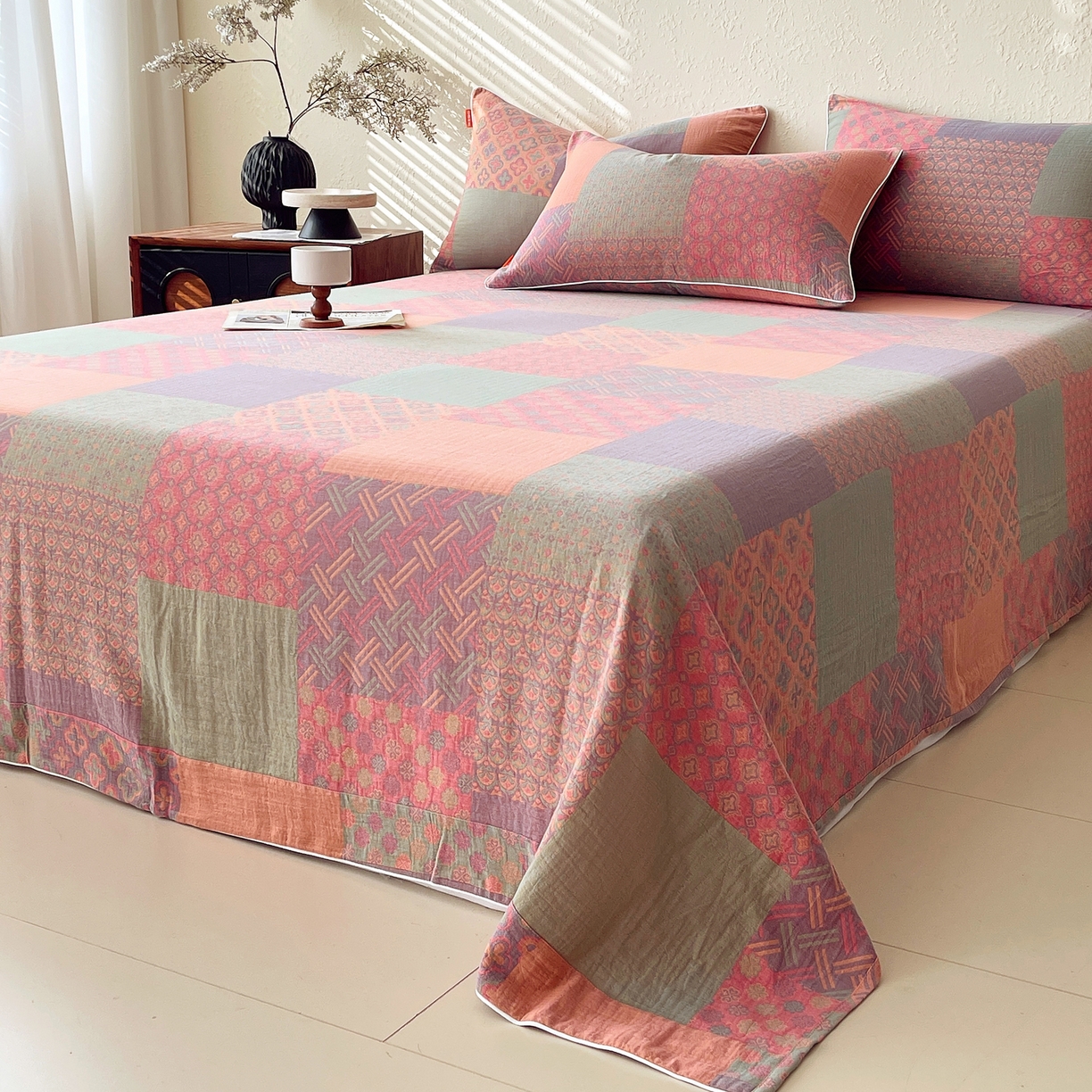 91家纺网 家纺一手货源 找家纺 春皖家纺 2026春夏新款（正反两用）A类提花双层纱单床单 思菱-粉玉