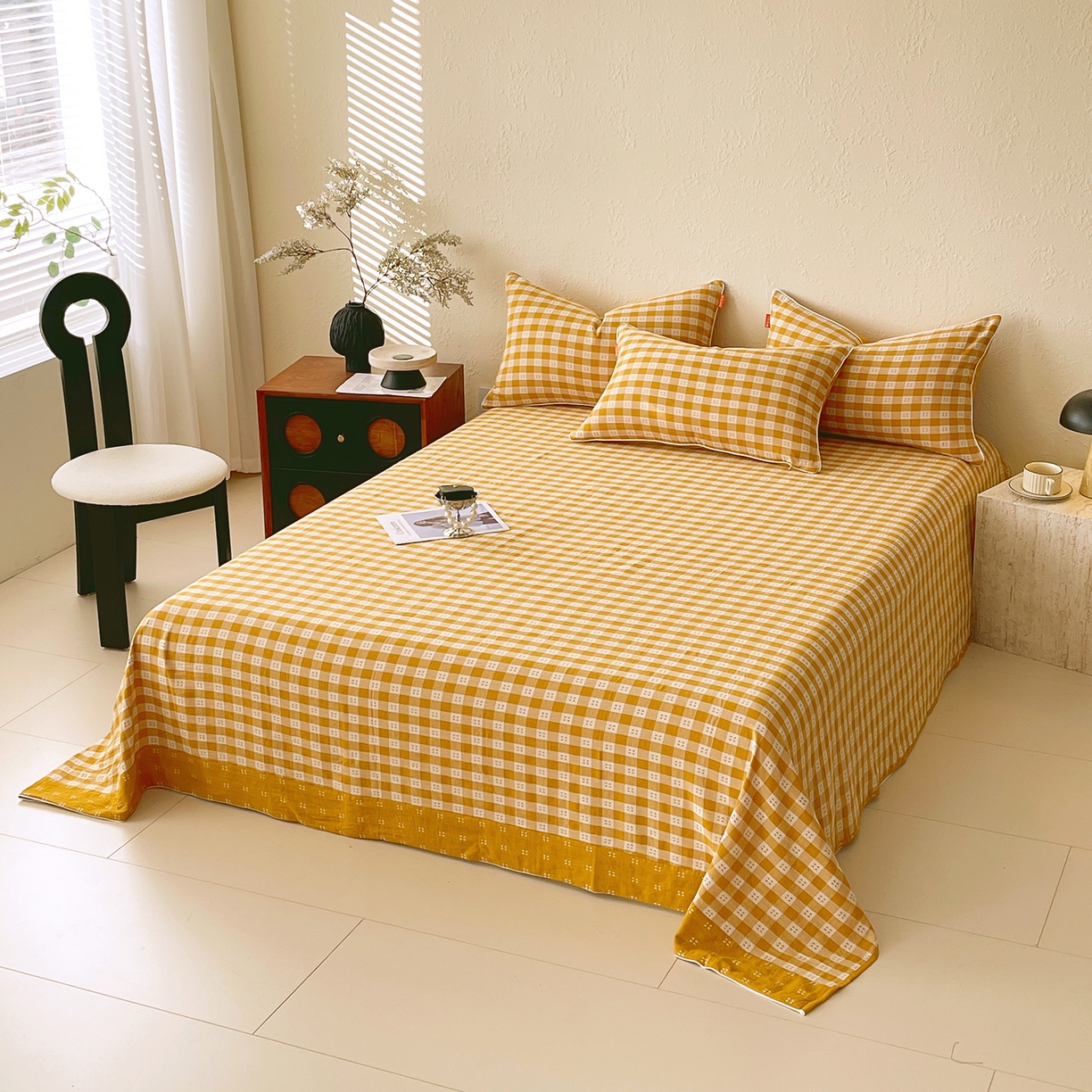 91家纺网 家纺一手货源 找家纺 春皖家纺 2026春夏新款（正反两用）A类提花双层纱单床单 思柔-黄杏