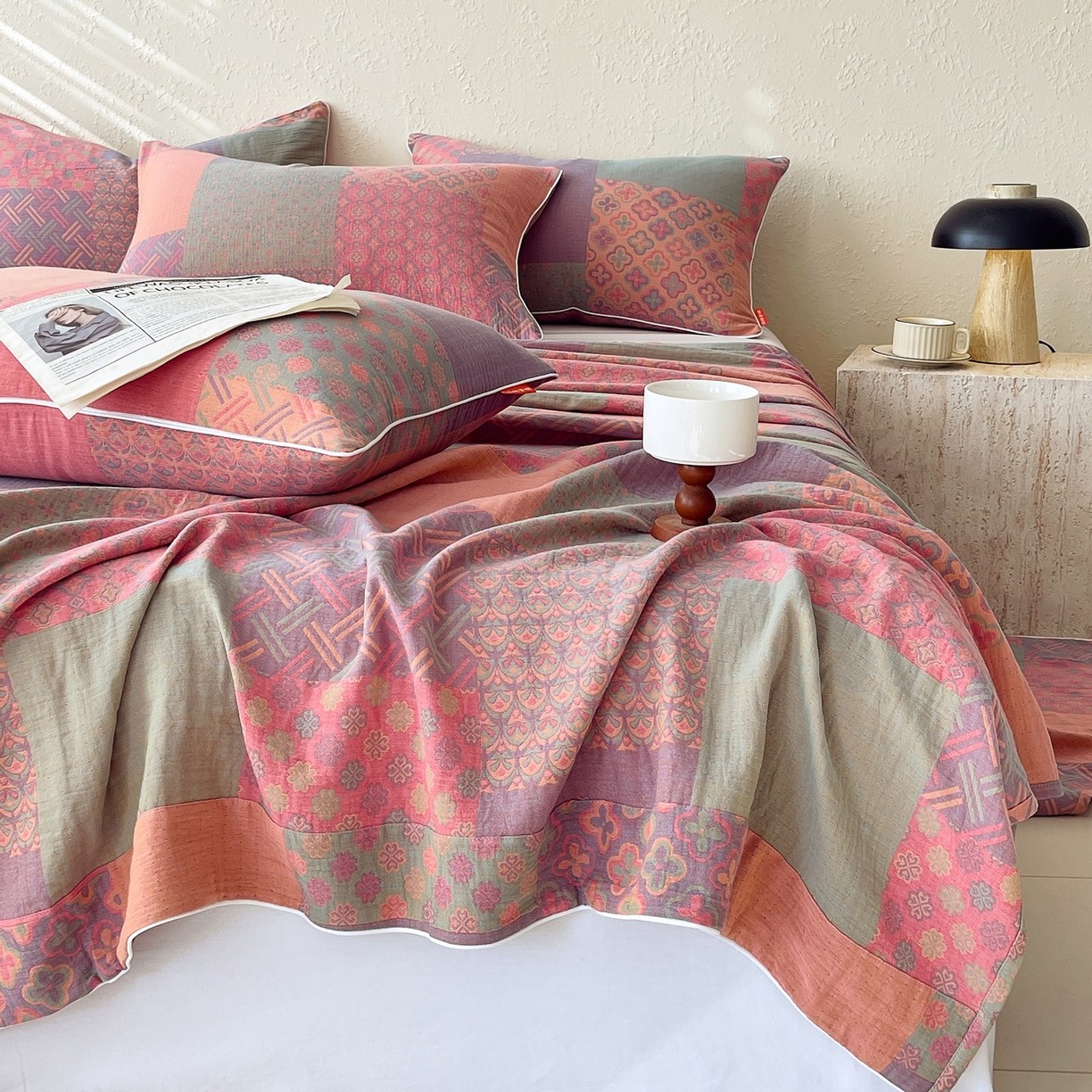 91家纺网 家纺一手货源 找家纺 春皖家纺 2026春夏新款（正反两用）A类提花双层纱单床单 思菱-粉玉