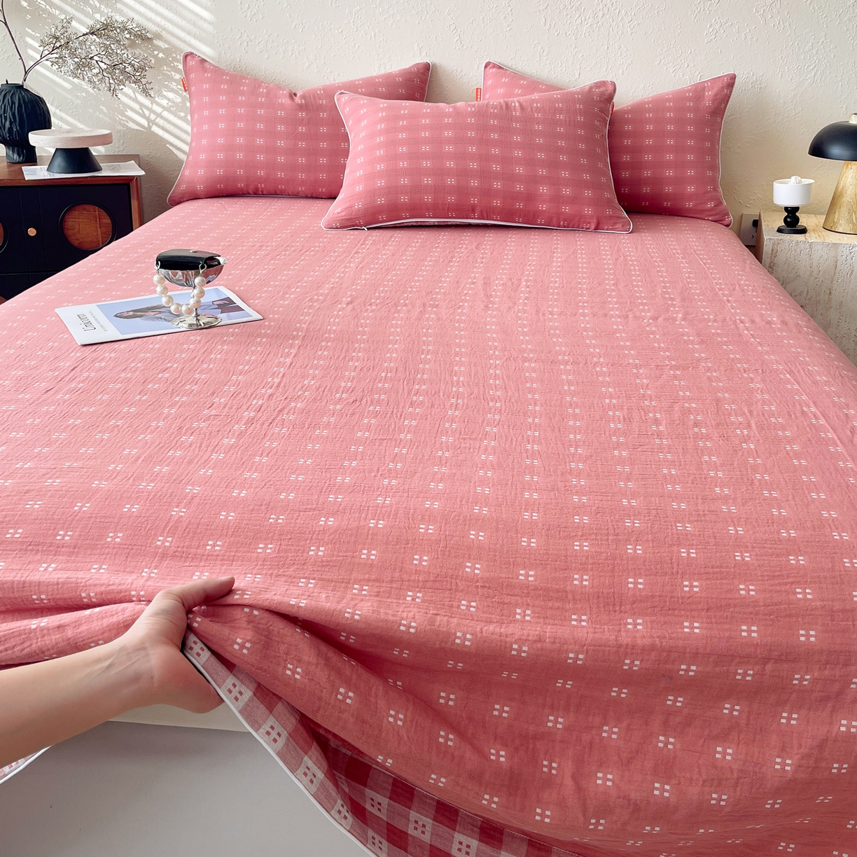 91家纺网 家纺一手货源 找家纺 春皖家纺 2026春夏新款（正反两用）A类提花双层纱单床单 思柔-粉红