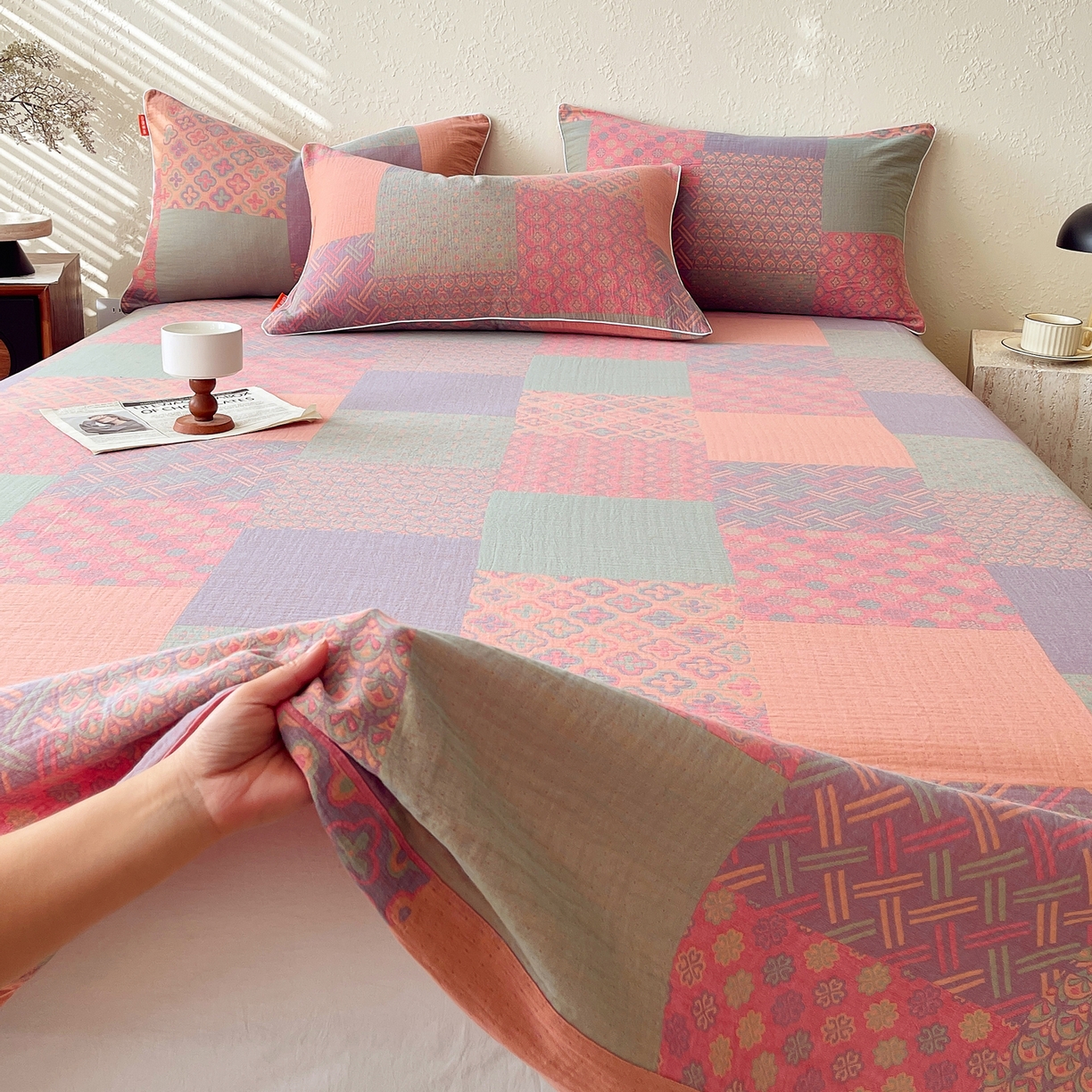 91家纺网 家纺一手货源 找家纺 春皖家纺 2026春夏新款（正反两用）A类提花双层纱单床单 思菱-粉玉