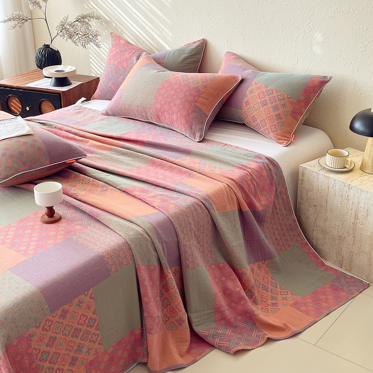 91家纺网 家纺一手货源 找家纺 春皖家纺 2026春夏新款（正反两用）A类提花双层纱单床单 思菱-粉玉