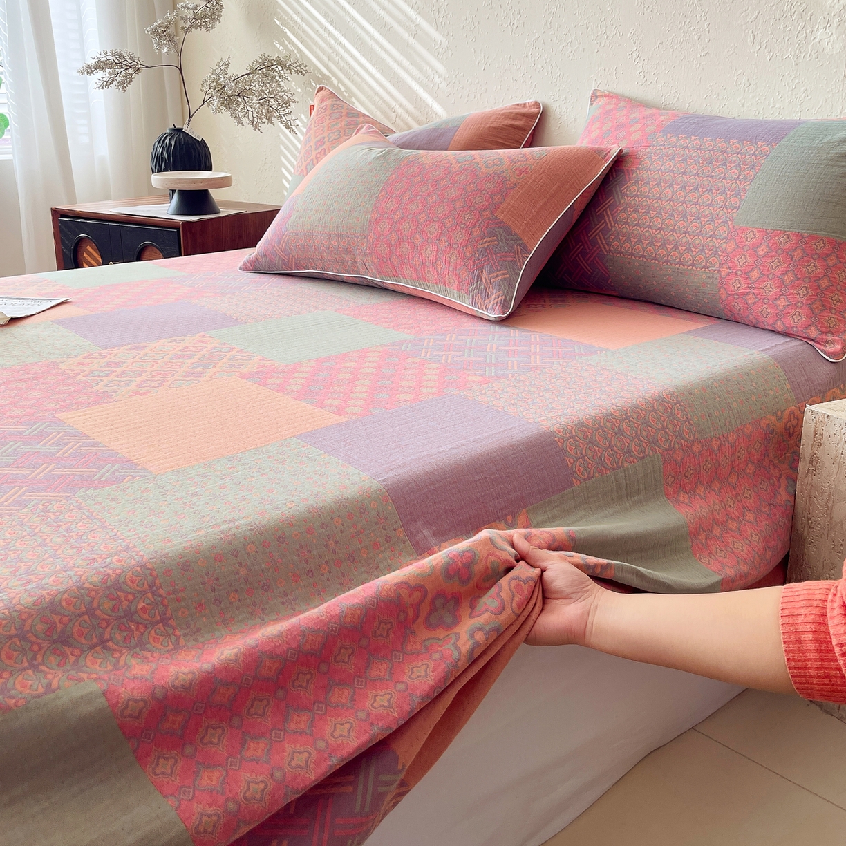 91家纺网 家纺一手货源 找家纺 春皖家纺 2026春夏新款（正反两用）A类提花双层纱单床单 思菱-粉玉