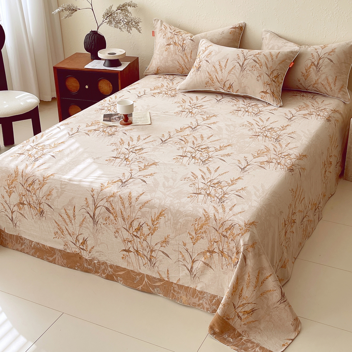 91家纺网 家纺一手货源 找家纺 春皖家纺 2026春夏新款（正反两用）A类提花双层纱单床单 金穗