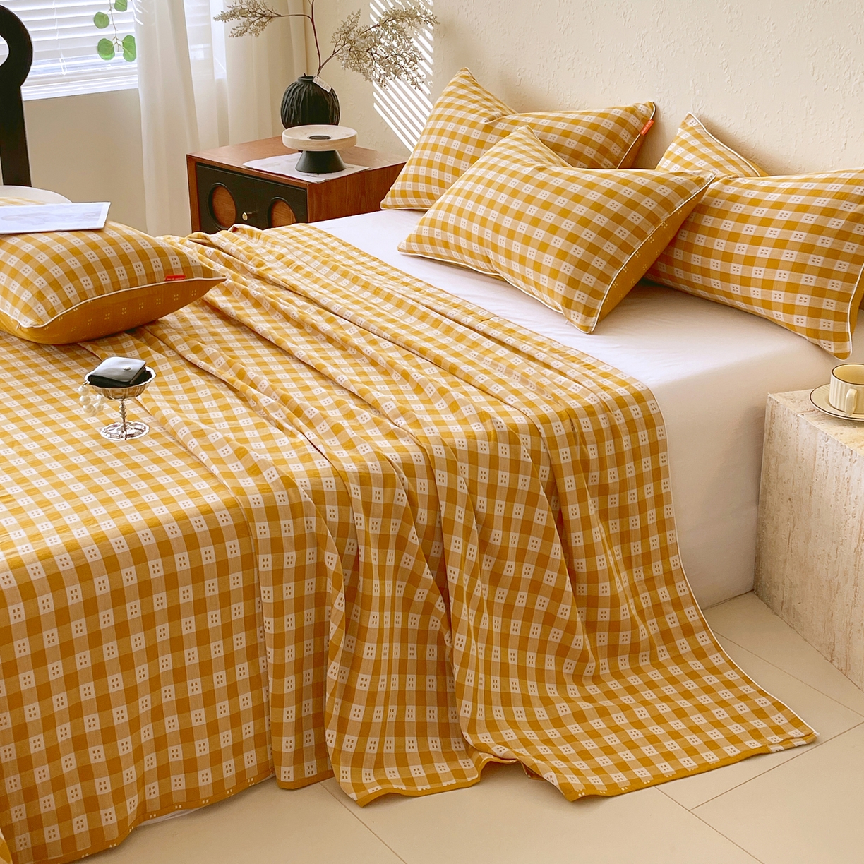 91家纺网 家纺一手货源 找家纺 春皖家纺 2026春夏新款（正反两用）A类提花双层纱单床单 思柔-黄杏