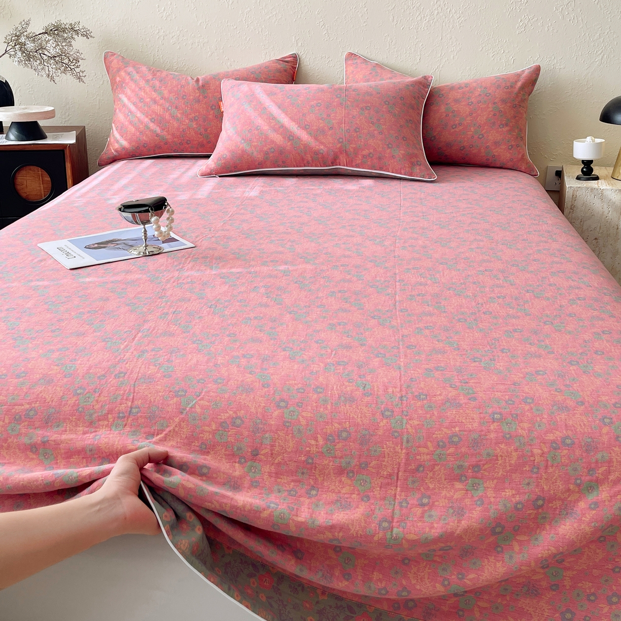 91家纺网 家纺一手货源 找家纺 春皖家纺 2026春夏新款（正反两用）A类提花双层纱单床单 惜梦-绿粉