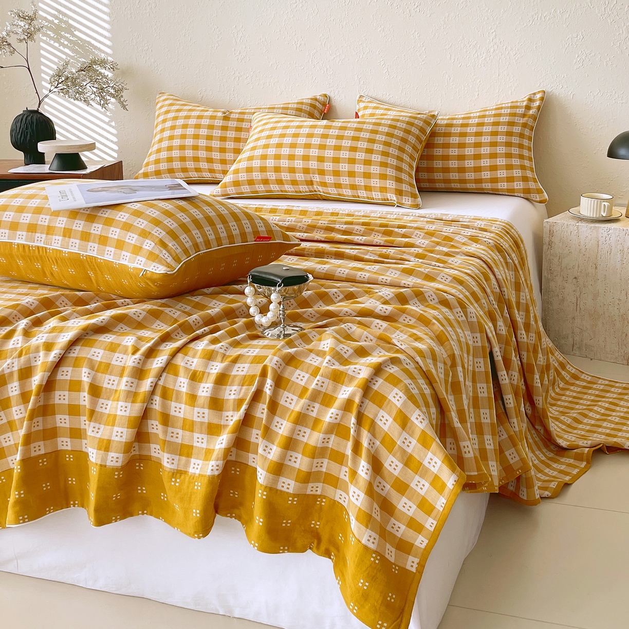 91家纺网 家纺一手货源 找家纺 春皖家纺 2026春夏新款（正反两用）A类提花双层纱单床单 思柔-黄杏