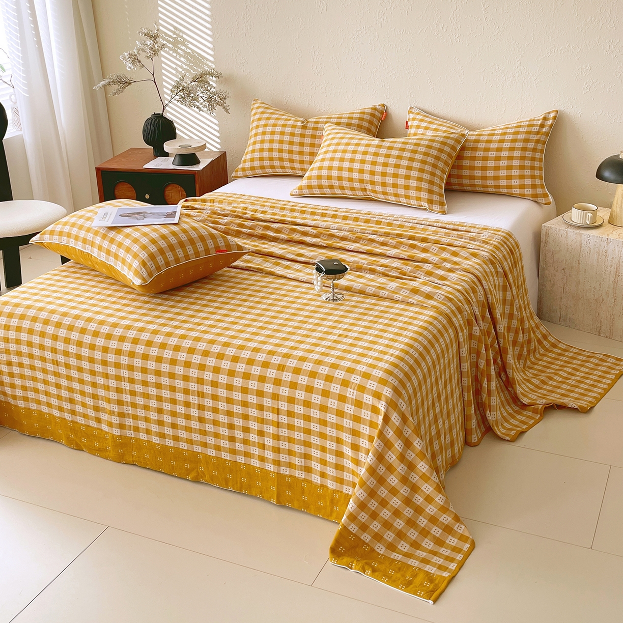 91家纺网 家纺一手货源 找家纺 春皖家纺 2026春夏新款（正反两用）A类提花双层纱单床单 思柔-黄杏