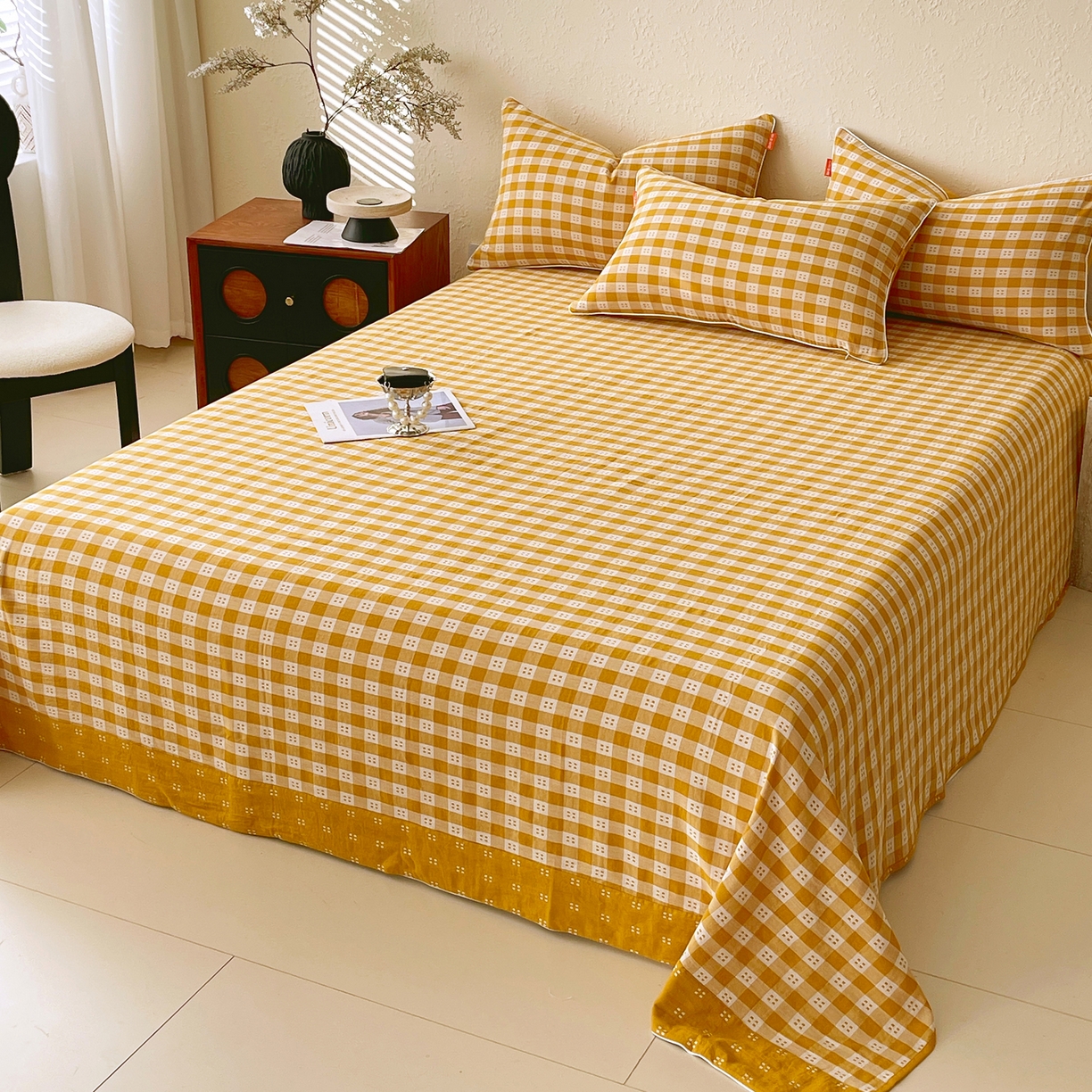 91家纺网 家纺一手货源 找家纺 春皖家纺 2026春夏新款（正反两用）A类提花双层纱单床单 思柔-黄杏