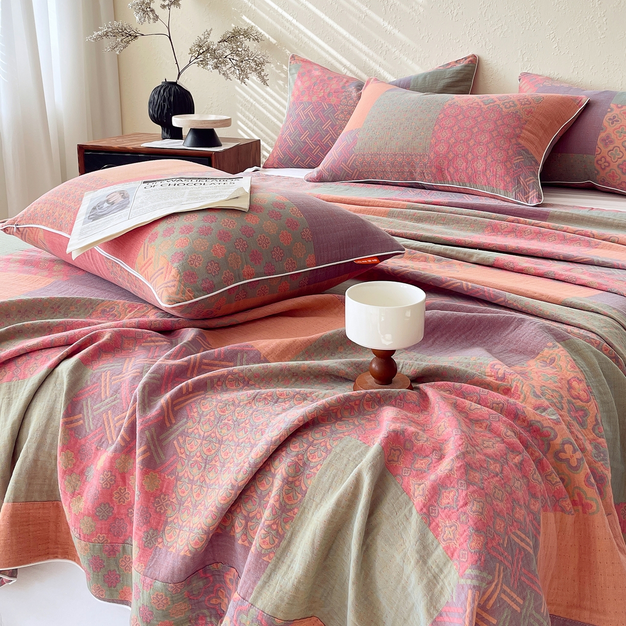 91家纺网 家纺一手货源 找家纺 春皖家纺 2026春夏新款（正反两用）A类提花双层纱单床单 思菱-粉玉