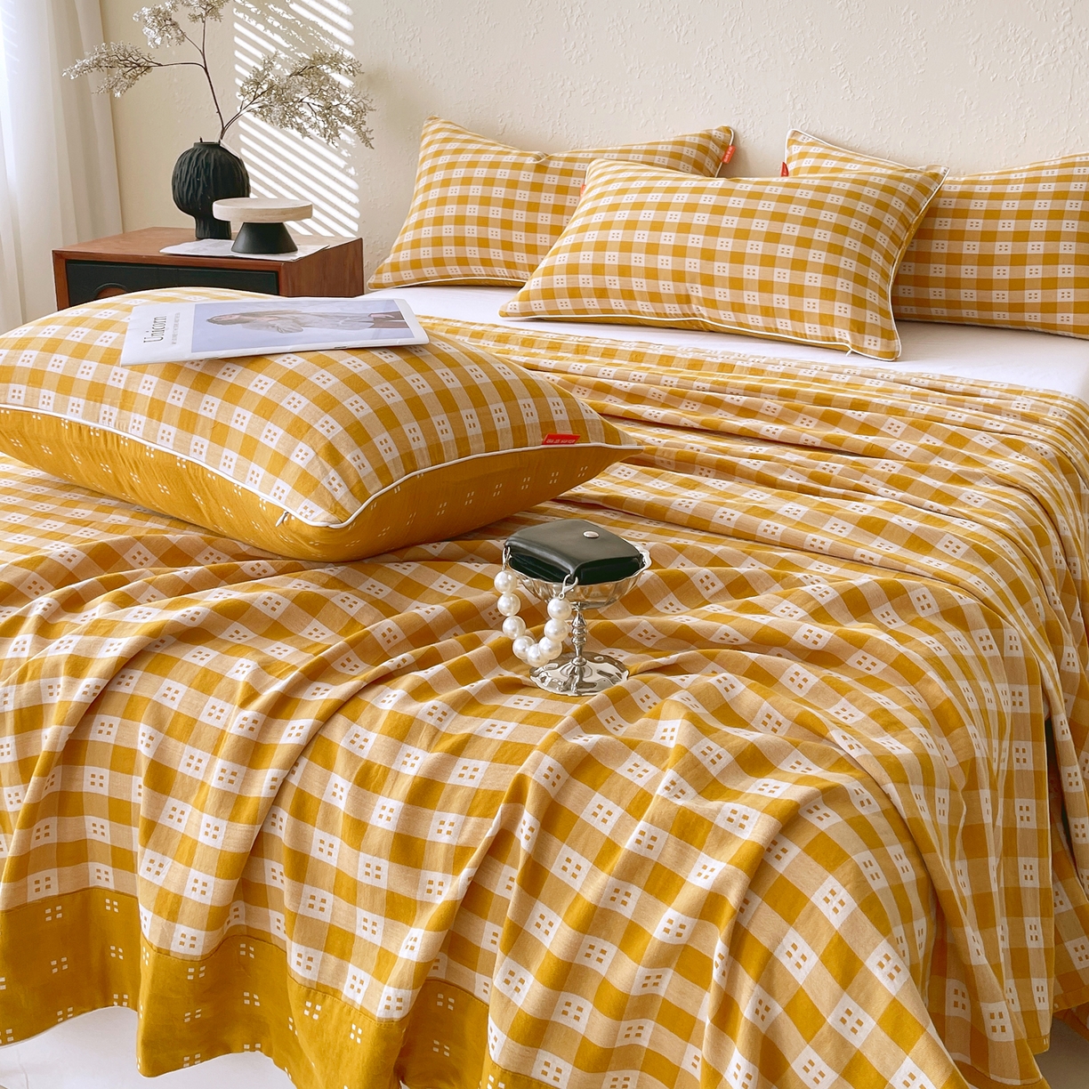 91家纺网 家纺一手货源 找家纺 春皖家纺 2026春夏新款（正反两用）A类提花双层纱单床单 思柔-黄杏