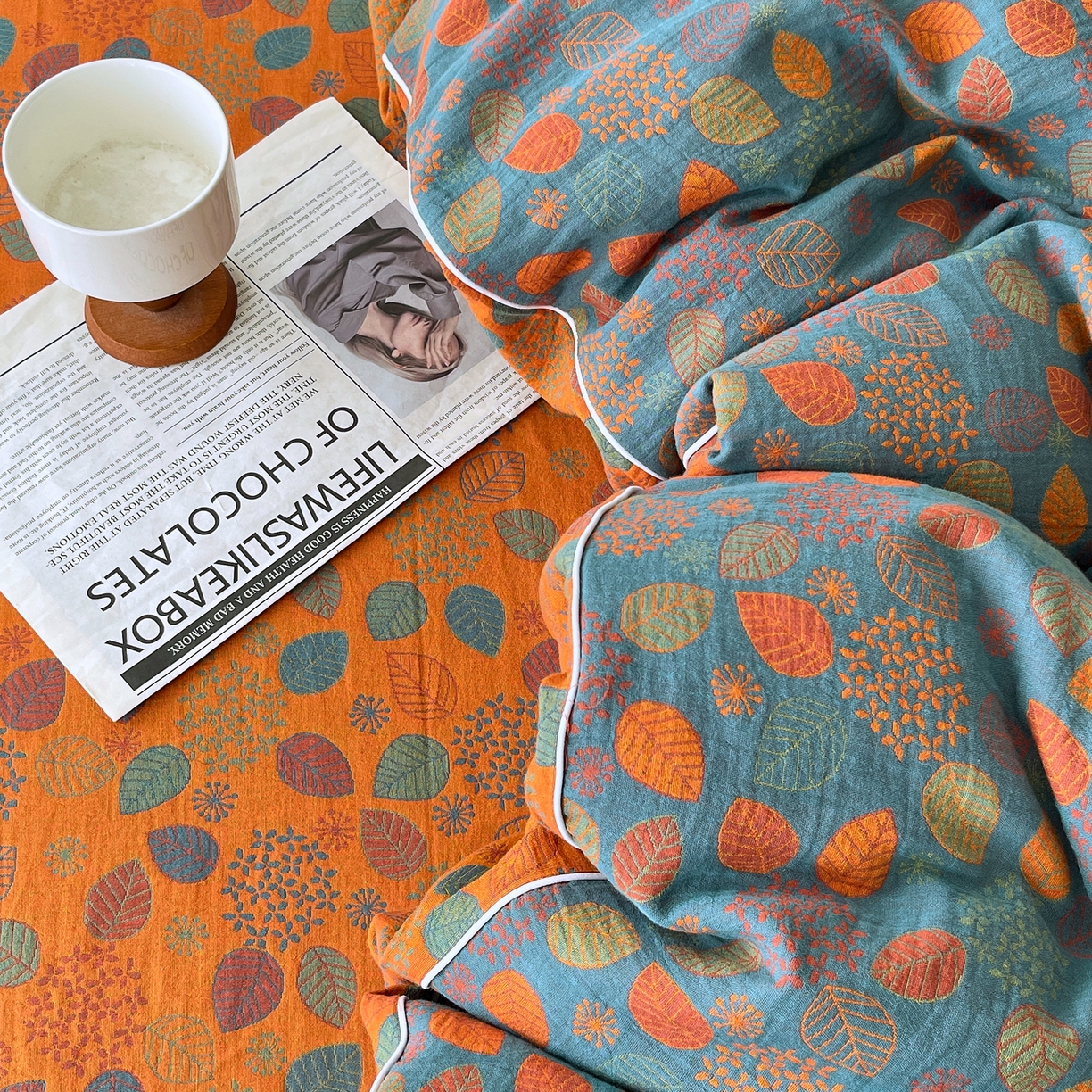 91家纺网 家纺一手货源 找家纺 春皖家纺 2026春夏新款（正反两用）A类提花双层纱单床单 映阳-蓝黄