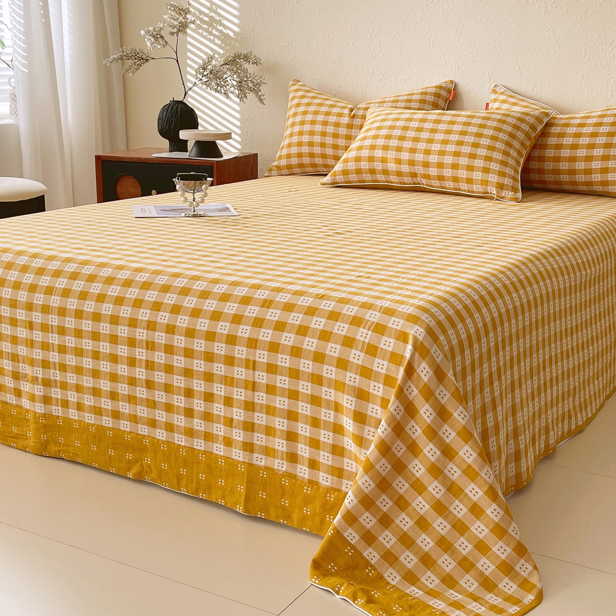 91家纺网 家纺一手货源 找家纺 春皖家纺 2026春夏新款（正反两用）A类提花双层纱单床单 思柔-黄杏