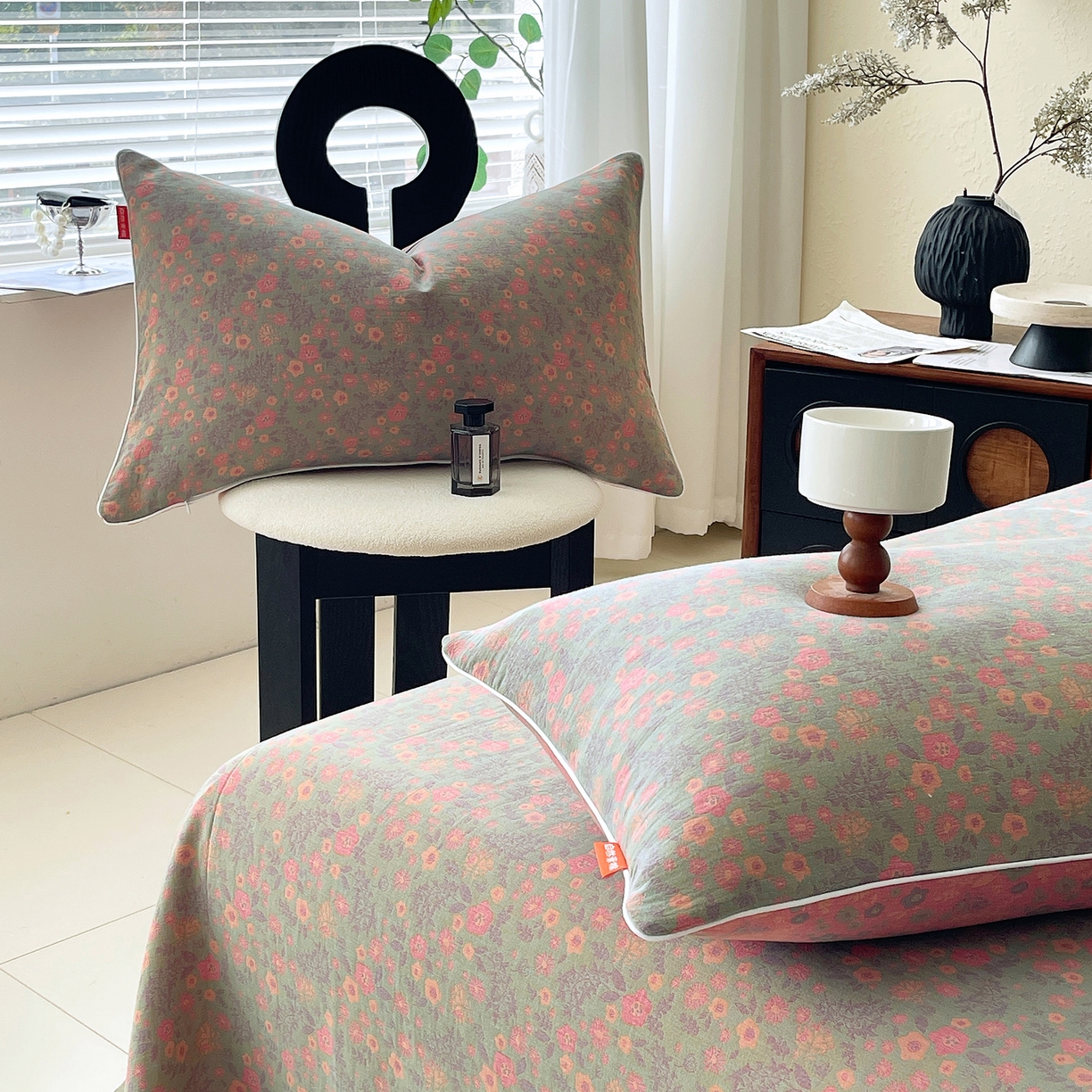 91家纺网 家纺一手货源 找家纺 春皖家纺 2026春夏新款（正反两用）A类提花双层纱单枕套 惜梦-绿粉