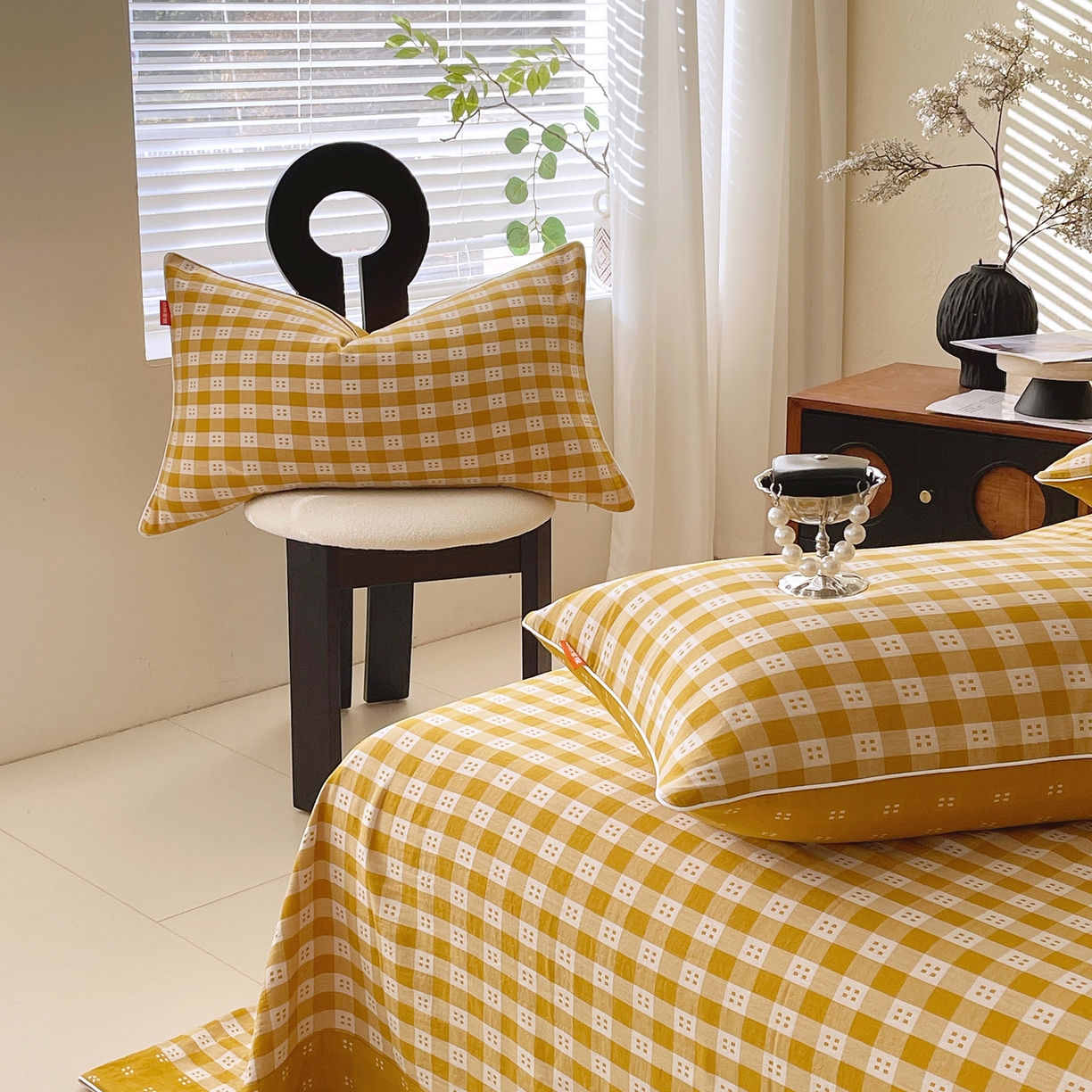 91家纺网 家纺一手货源 找家纺 春皖家纺 2026春夏新款（正反两用）A类提花双层纱单枕套 思柔-黄杏