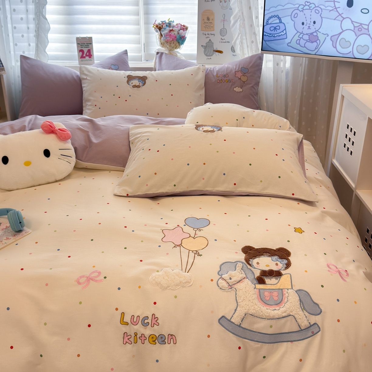 91家纺网 家纺一手货源 找家纺 懒猫家纺 2026新款A类高精密40支13374全棉纯棉喷气印花贴布绣四件套  【带礼盒】 糖豆芋泥