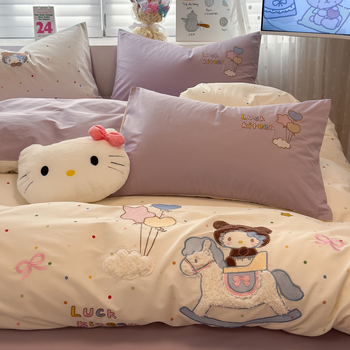 懒猫家纺 2026新款A类高精密40支13374全棉纯棉喷气印花贴布绣四件套  【带礼盒】 糖豆芋泥