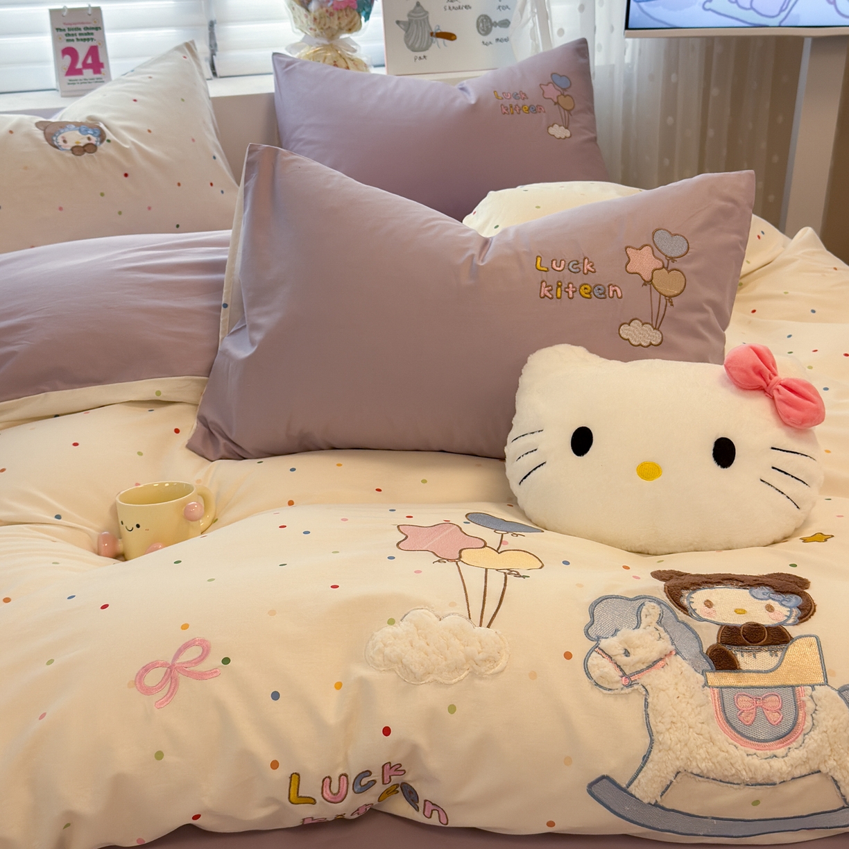 91家纺网 家纺一手货源 找家纺 懒猫家纺 2026新款A类高精密40支13374全棉纯棉喷气印花贴布绣四件套  【带礼盒】 糖豆芋泥