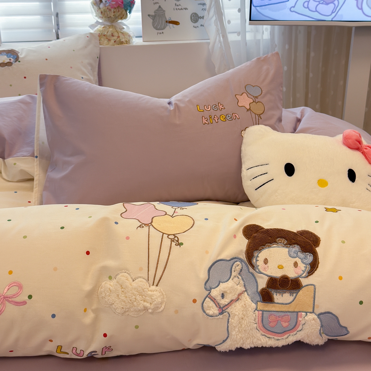 91家纺网 家纺一手货源 找家纺 懒猫家纺 2026新款A类高精密40支13374全棉纯棉喷气印花贴布绣四件套  【带礼盒】 糖豆芋泥