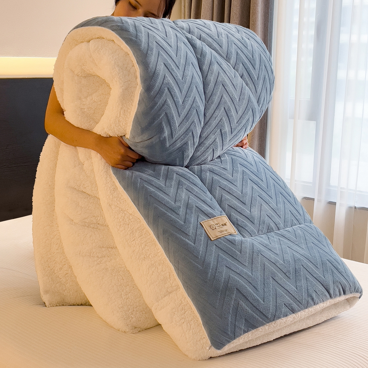 好尚居 2025新款水晶绒刷花冬被被子被芯 雾霾蓝-白