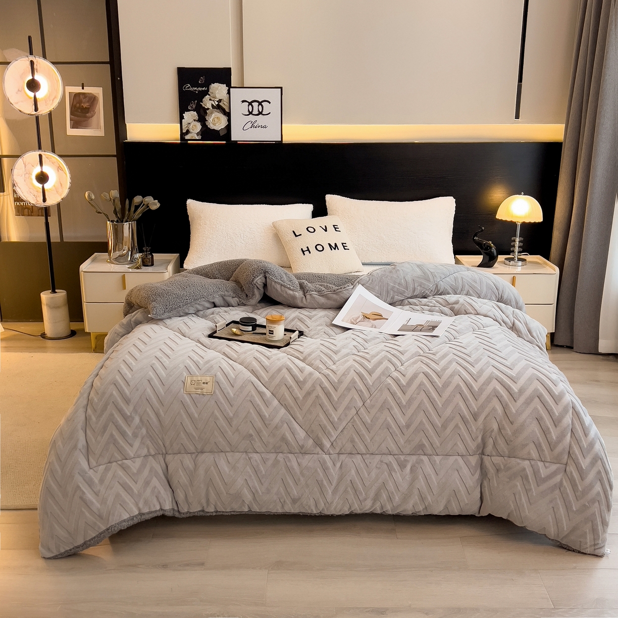 91家纺网 家纺一手货源 找家纺 好尚居 2025新款水晶绒刷花冬被被子被芯 浅灰-黑